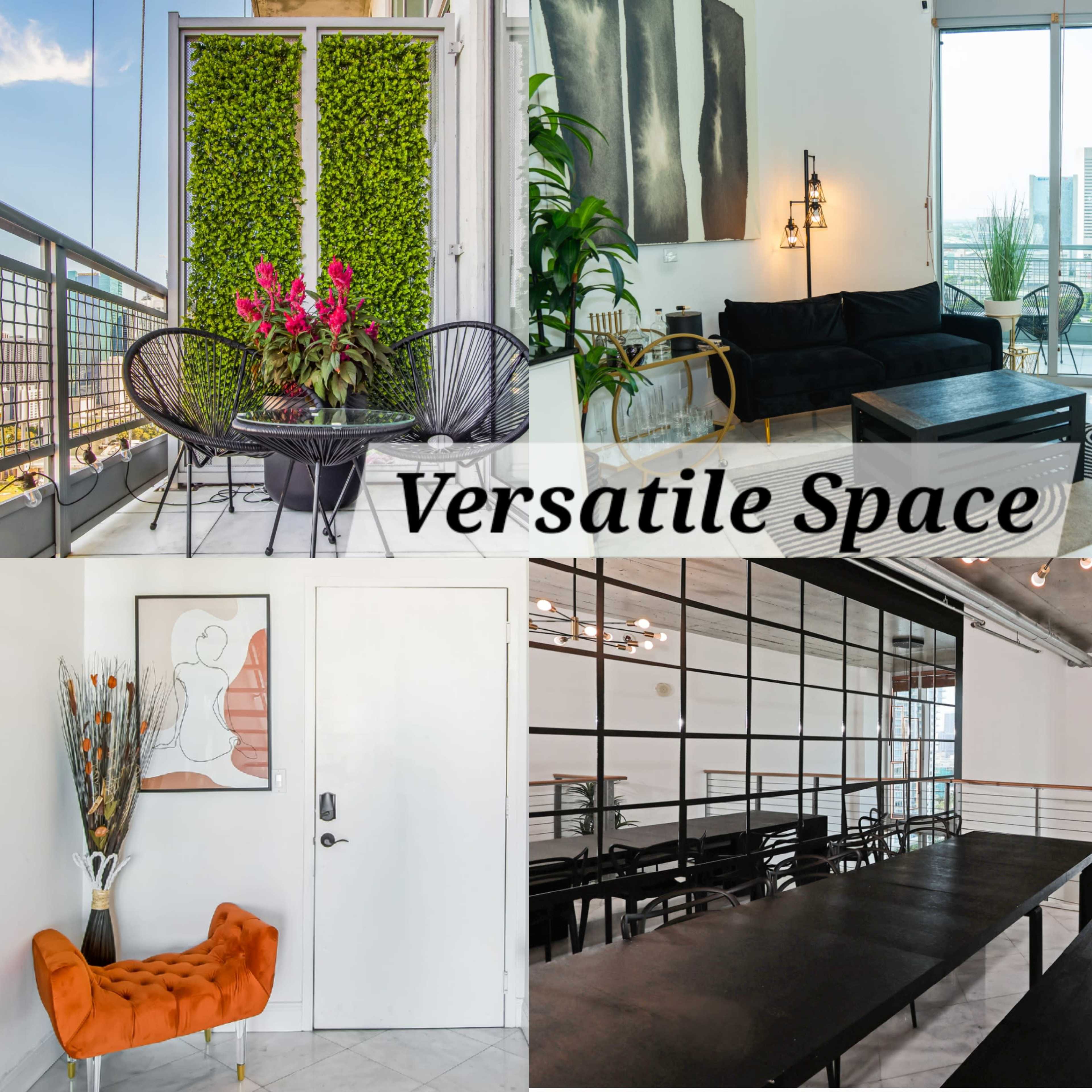 A modern, multi-functional interior space featuring a living area, dining area, and an entrance, complemented by large windows that reveal an urban skyline.