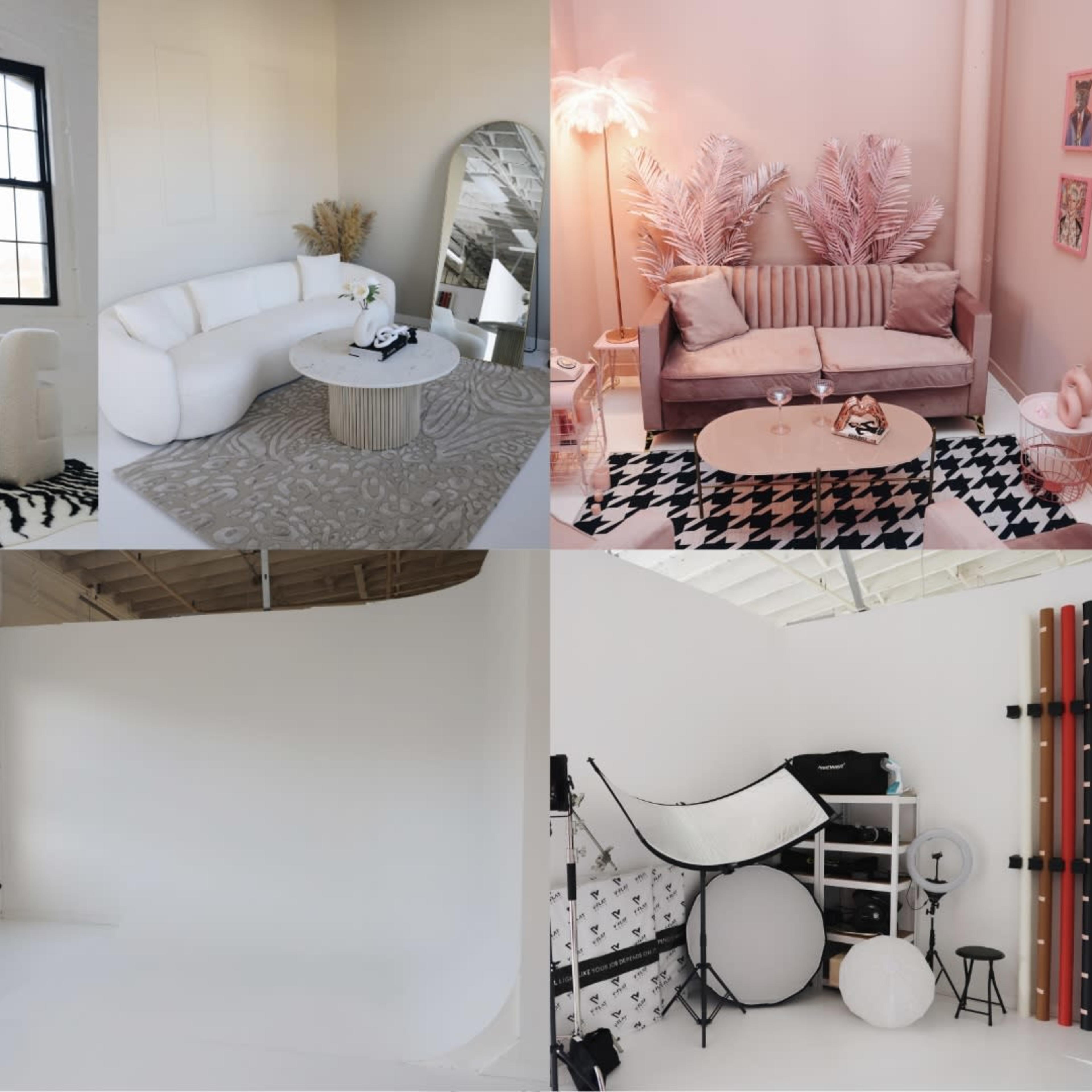 A collage of several interior spaces, including living areas, a photography studio with equipment, and different backgrounds for photo shoots.