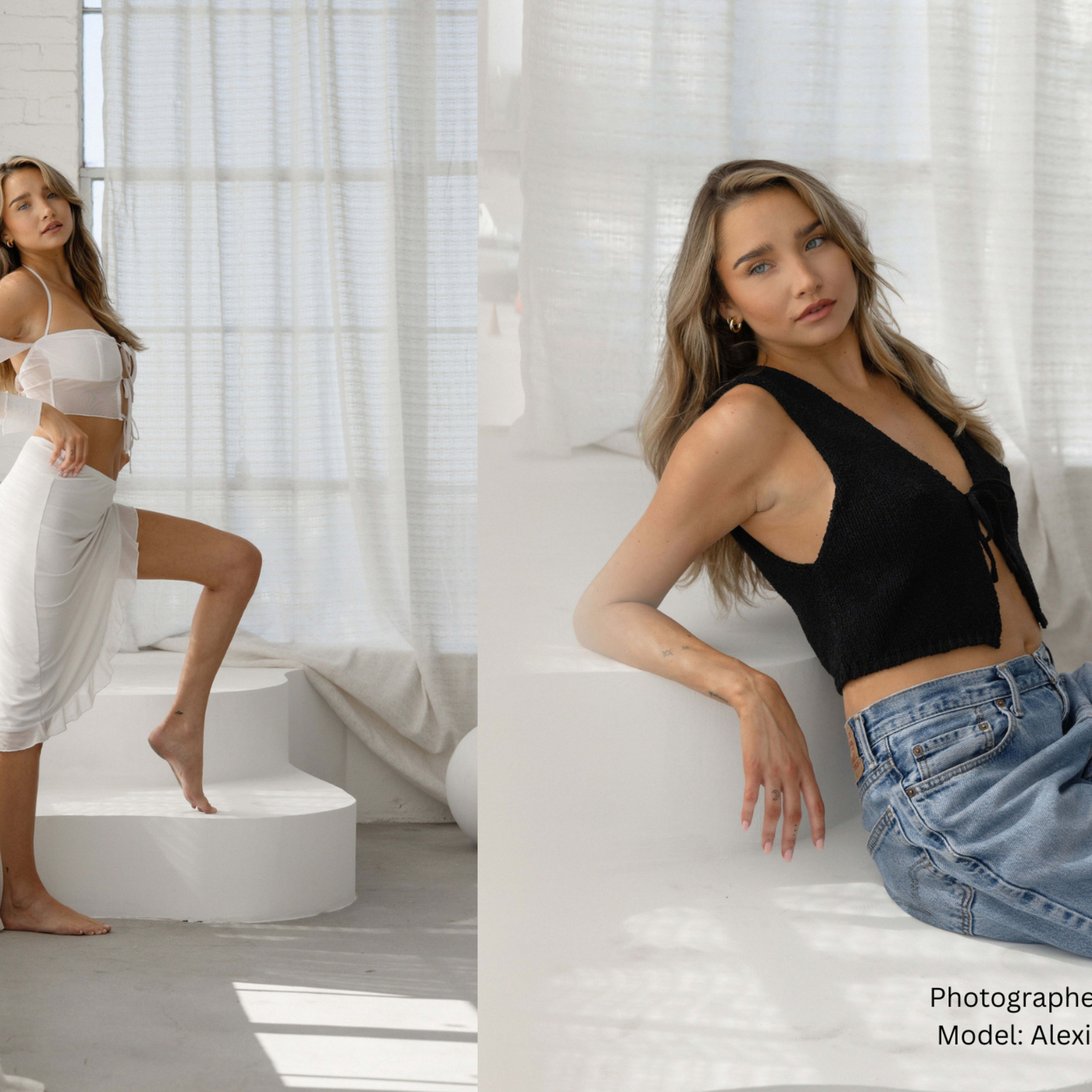 A model poses in a bright, minimalistic setting featuring a staircase and soft furnishings, wearing a light top and skirt on one side, and a black crop top with denim jeans on the other.