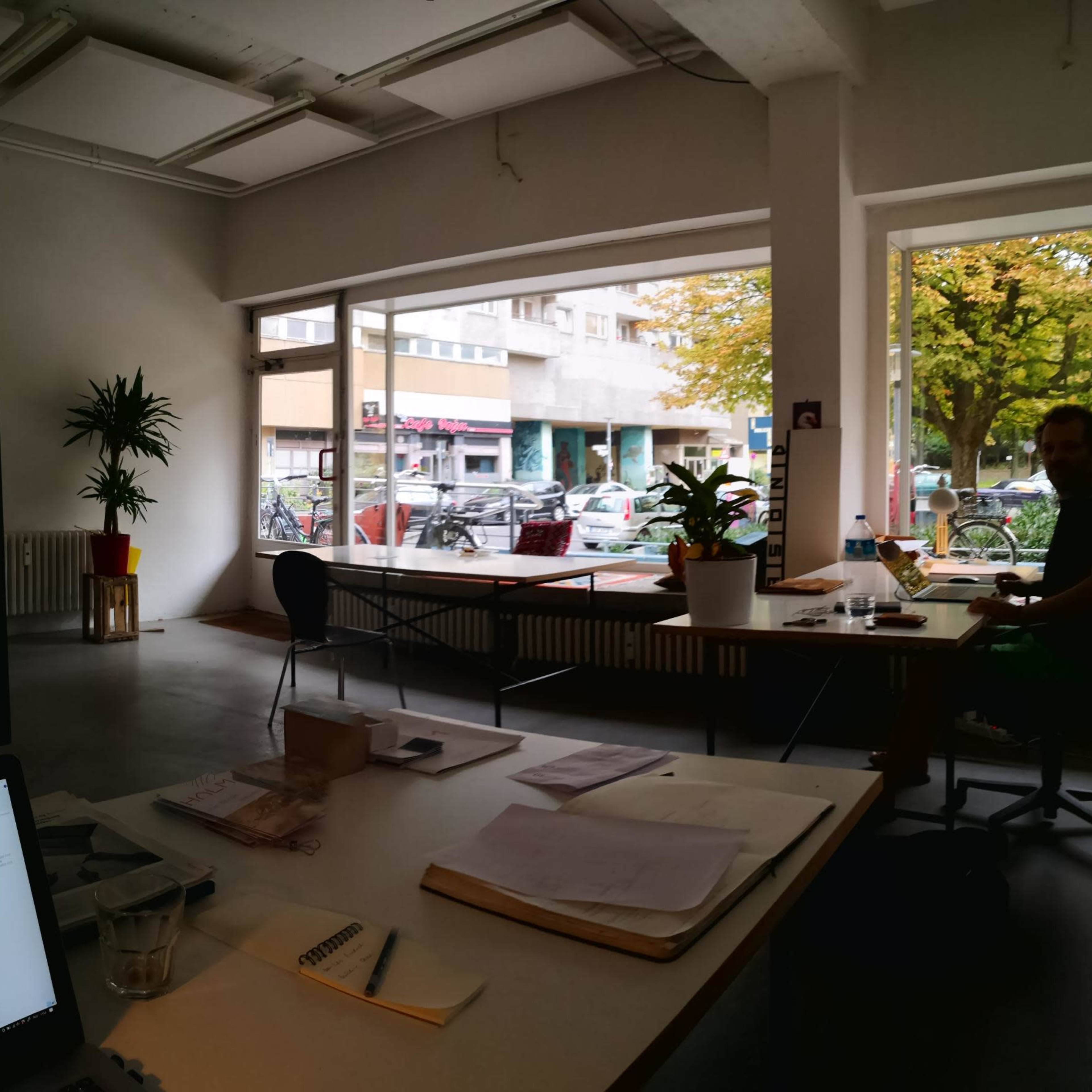 An open office space features desks with laptops and plants, overlooking a street with bicycles and parked cars outside.