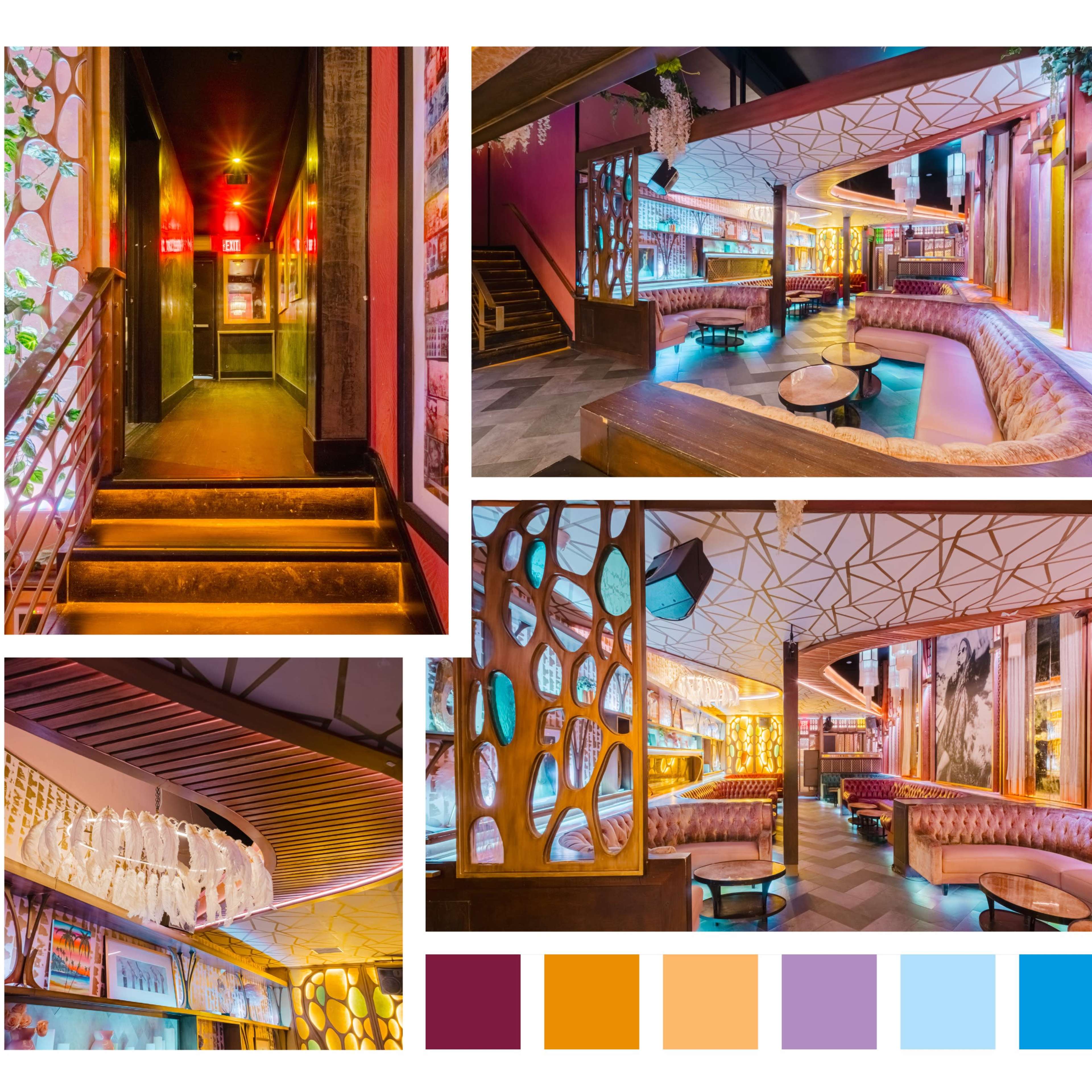 A vibrant, modern lounge with colorful lighting, unique geometric wall designs, and various seating arrangements.