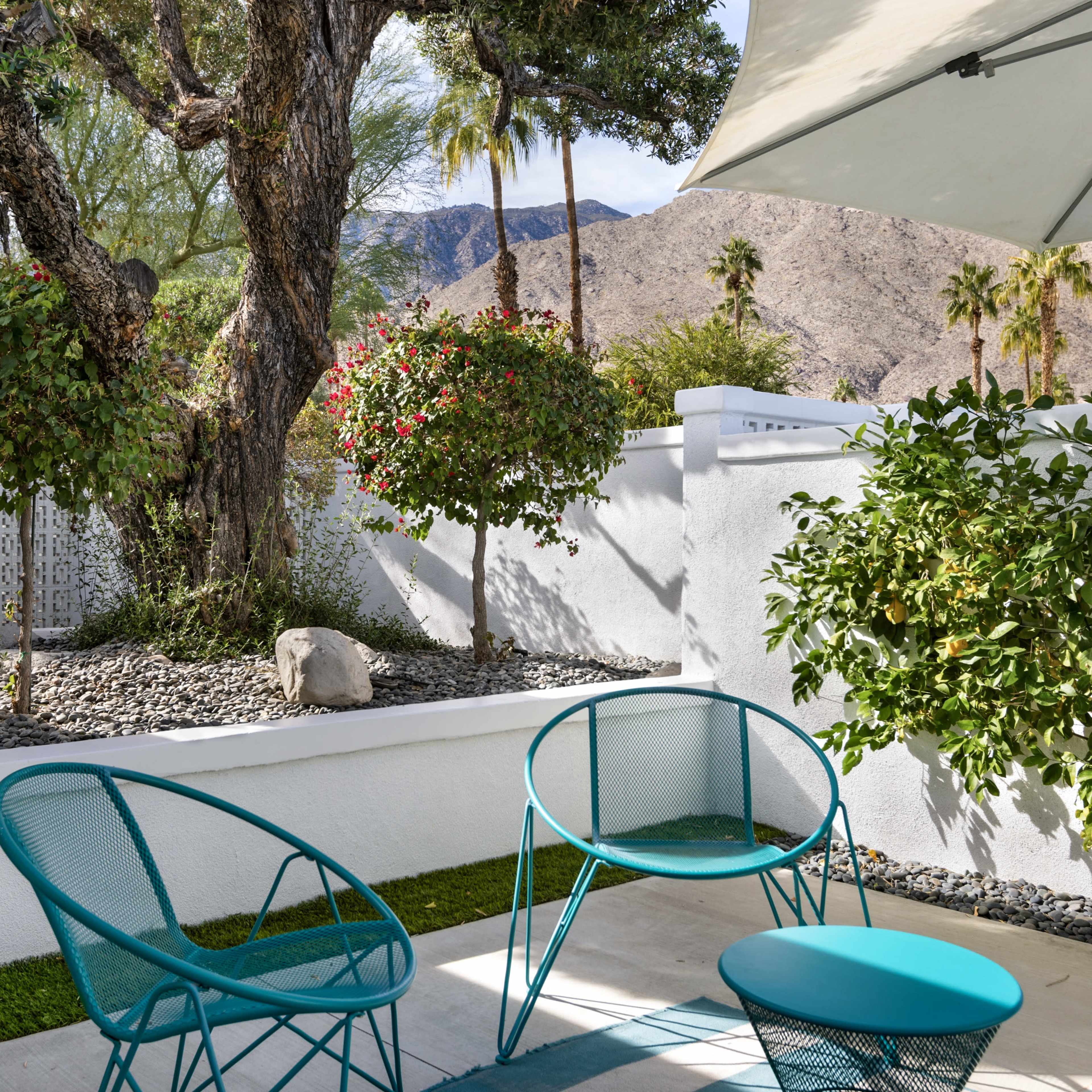 A patio area features two turquoise chairs facing a landscaped garden with artificial grass, ornamental plants, and a mountain backdrop.