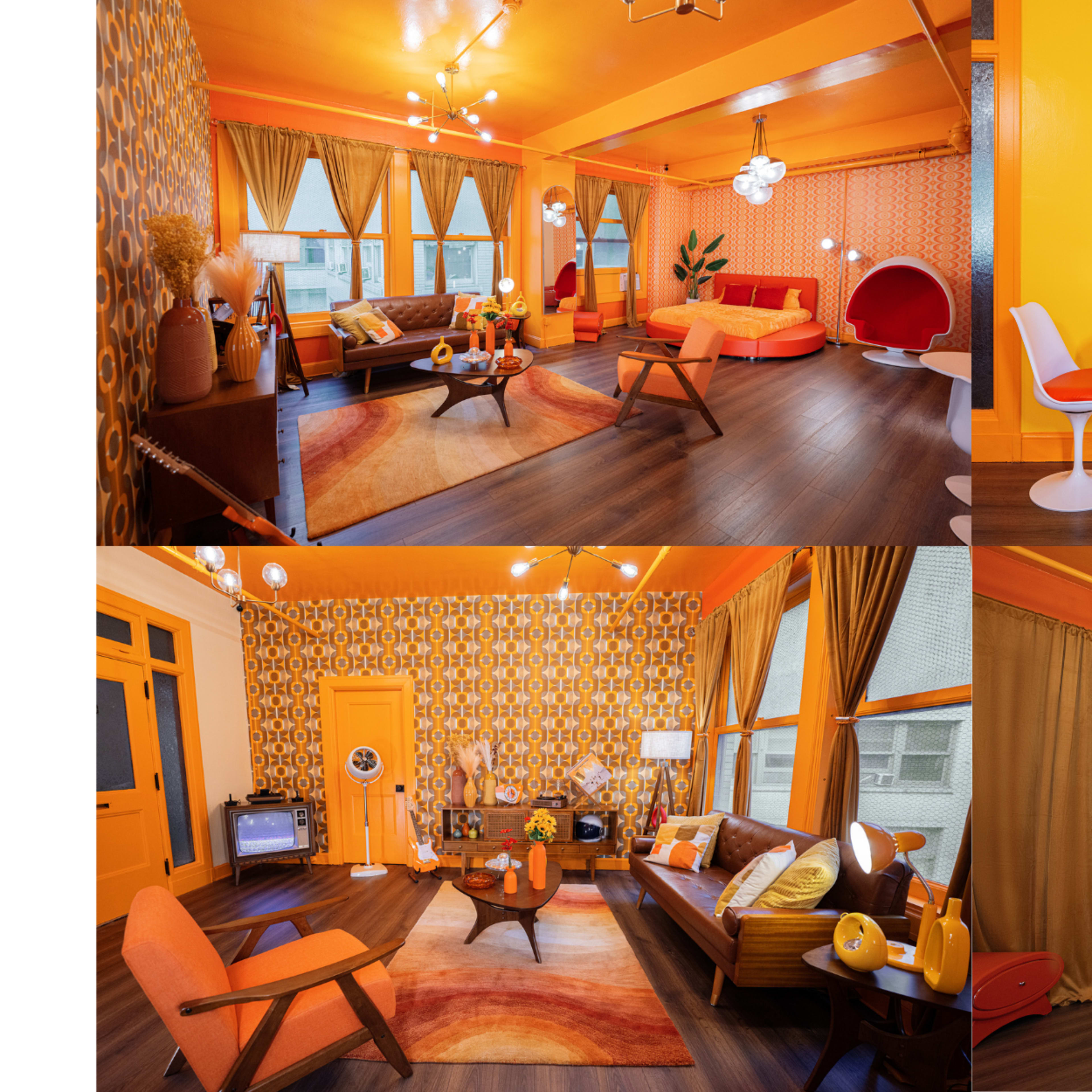 A brightly colored retro-themed interior with orange and yellow walls, various furniture pieces, and distinct round seating options.
