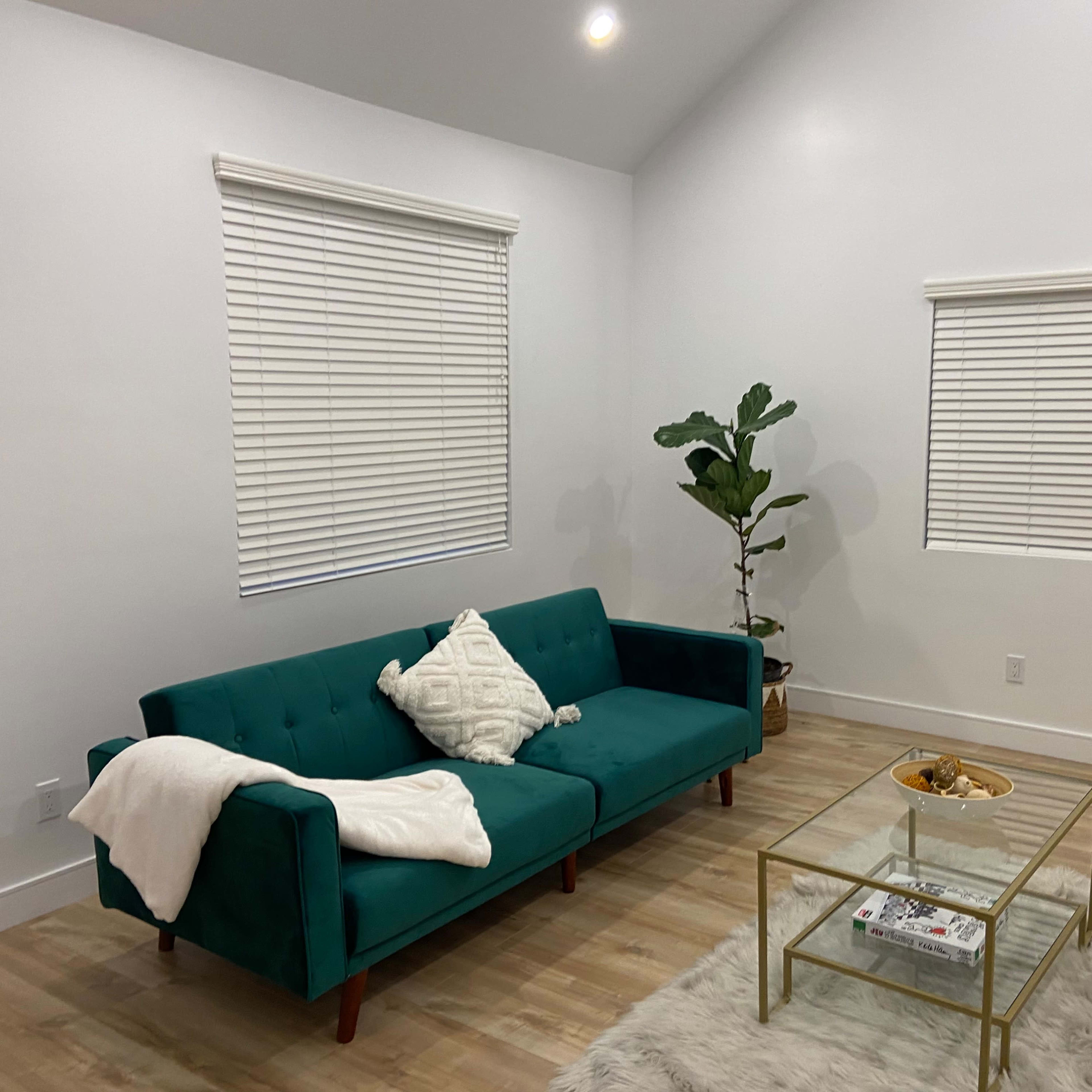 A modern living room featuring a teal couch, a glass coffee table, and a potted plant, with two windows dressed in white blinds.