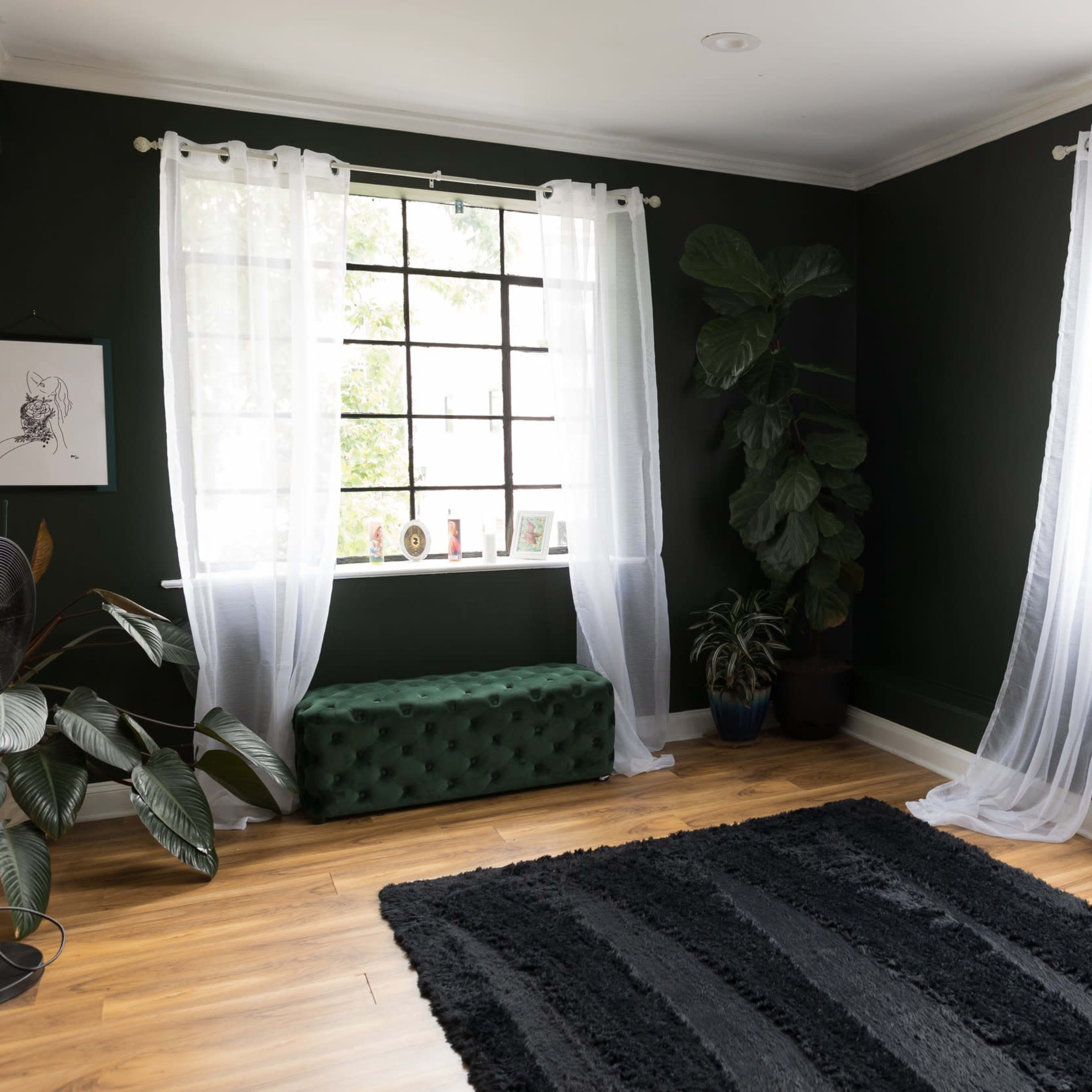 The room features dark green walls, two large windows with white sheer curtains, a tufted green bench, and a black textured rug.