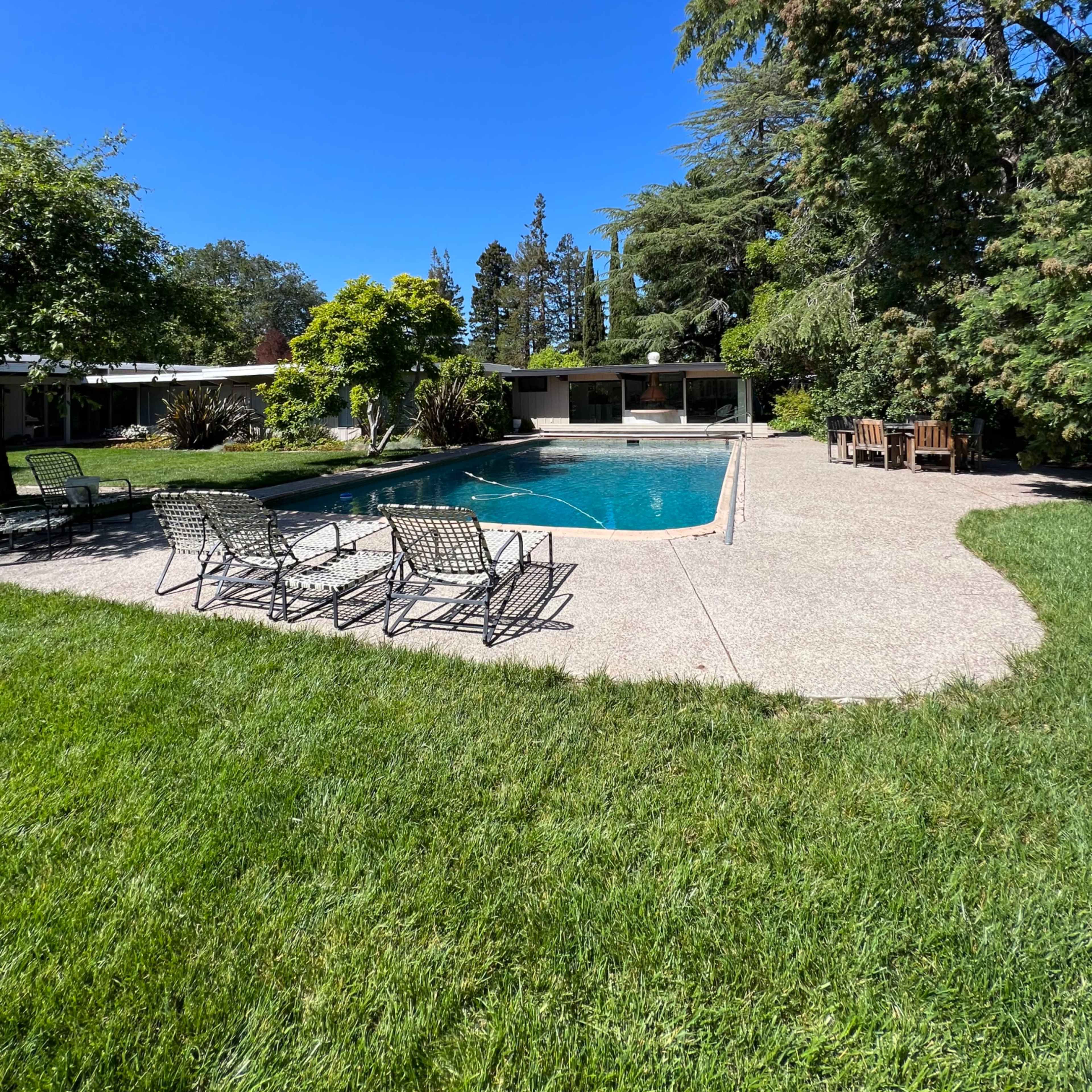 A swimming pool is surrounded by a concrete deck and lounge chairs in a green backyard.