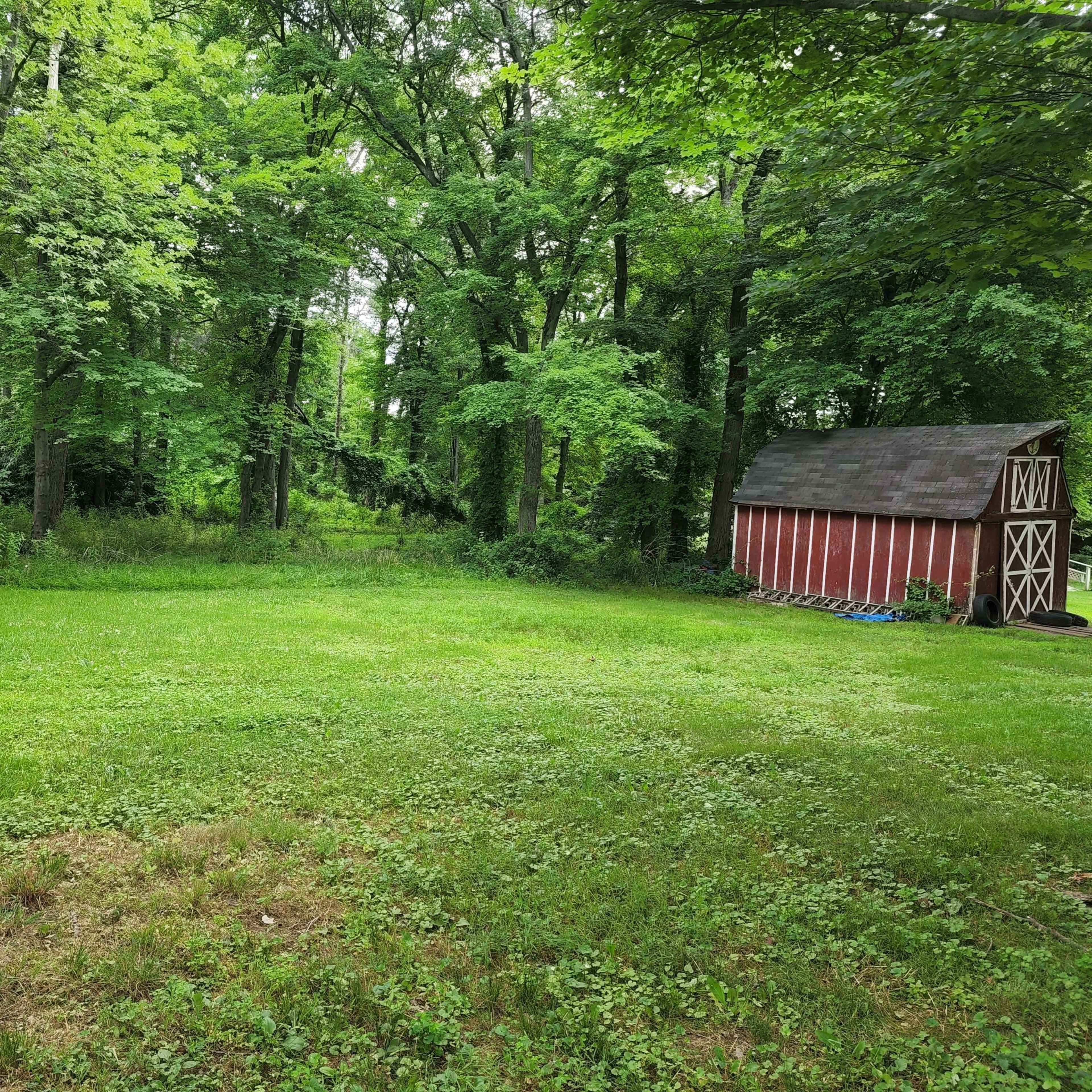 A red barn is situated next to a grassy area surrounded by dense green trees.