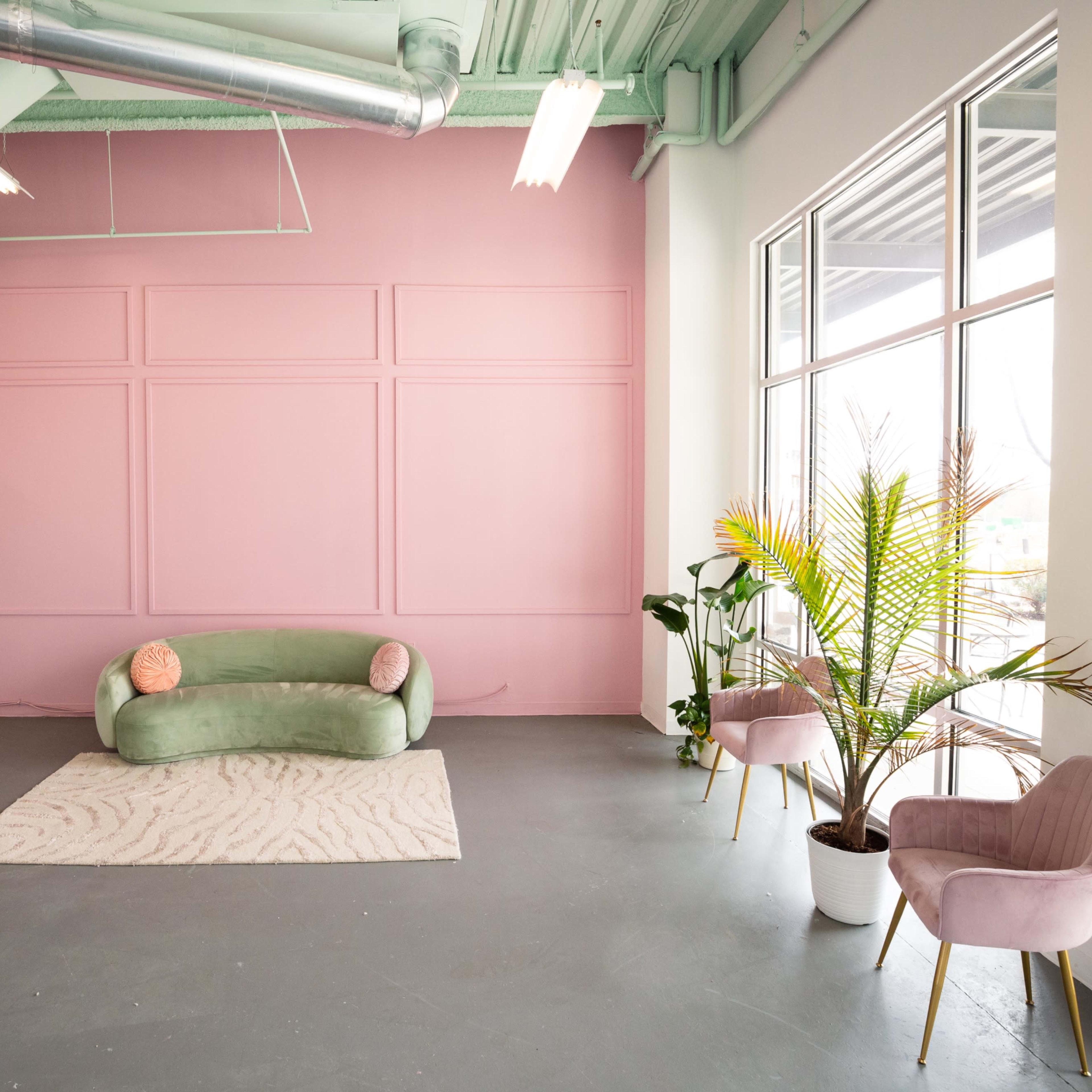 A spacious, minimalistic interior with a pink accent wall, a green sofa, two pink chairs, a rug, and a potted plant.