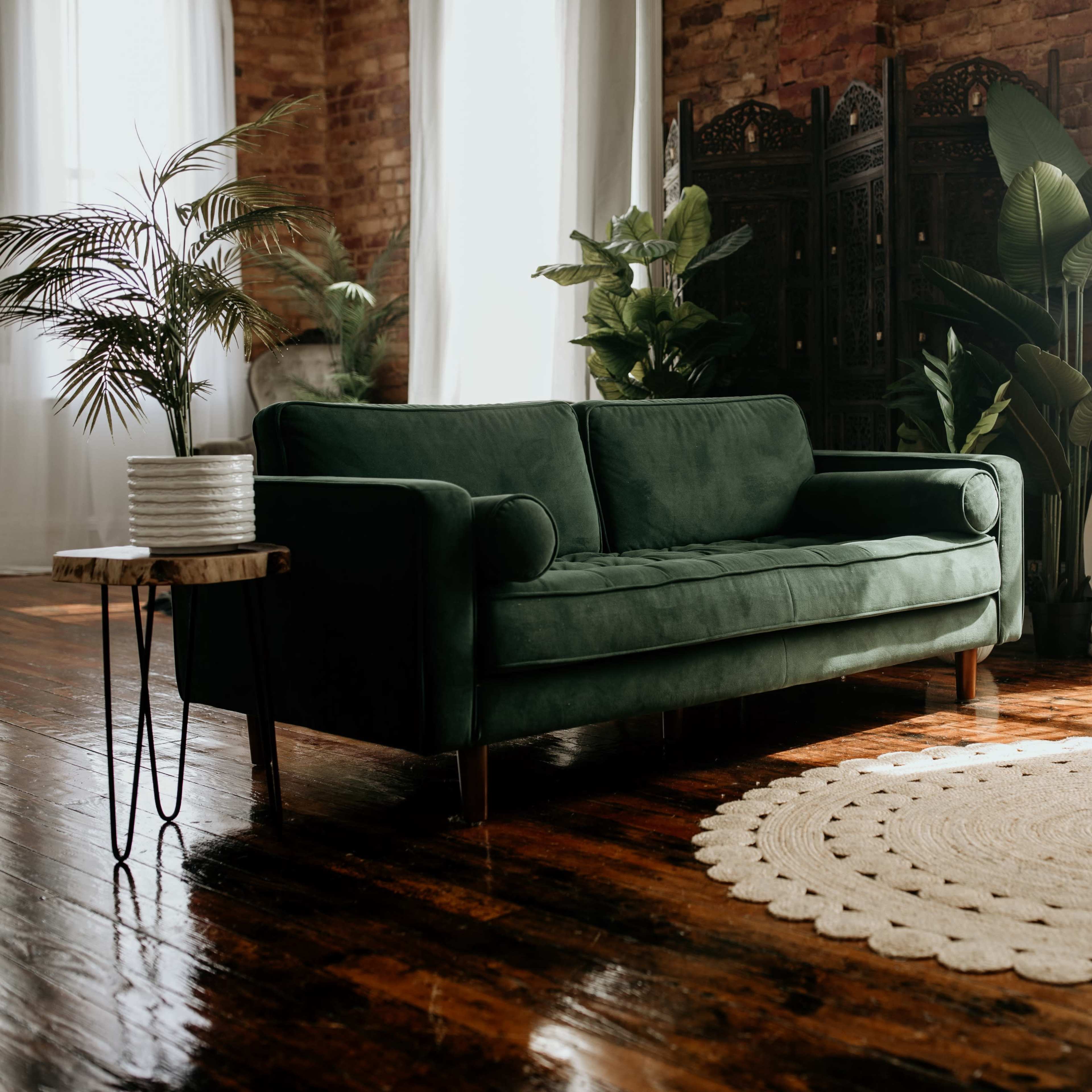 A green velvet sofa is positioned near a round woven rug in a room with large windows and potted plants.