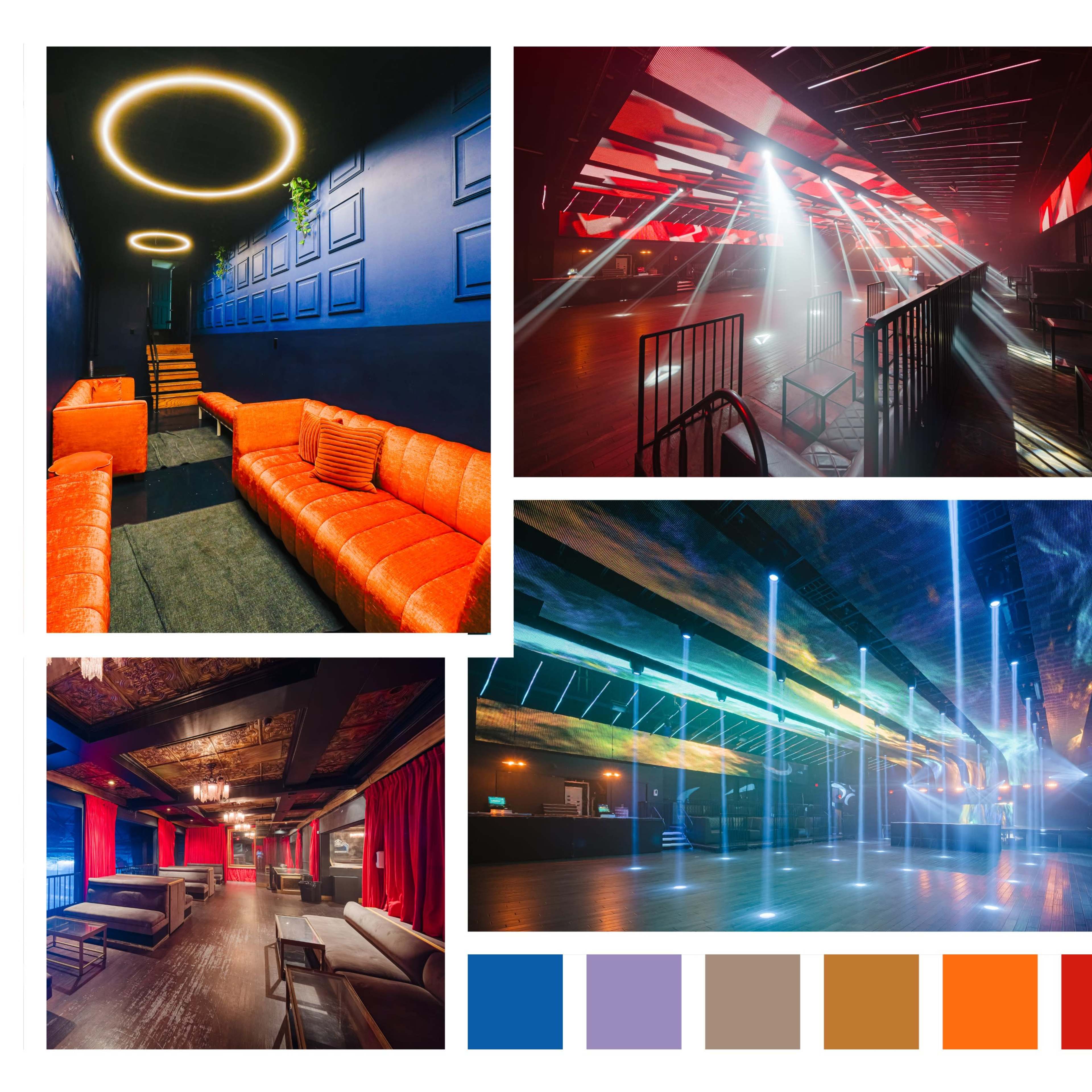 Various areas of a modern nightclub featuring vibrant lighting, spacious dance floors, and lounge seating.