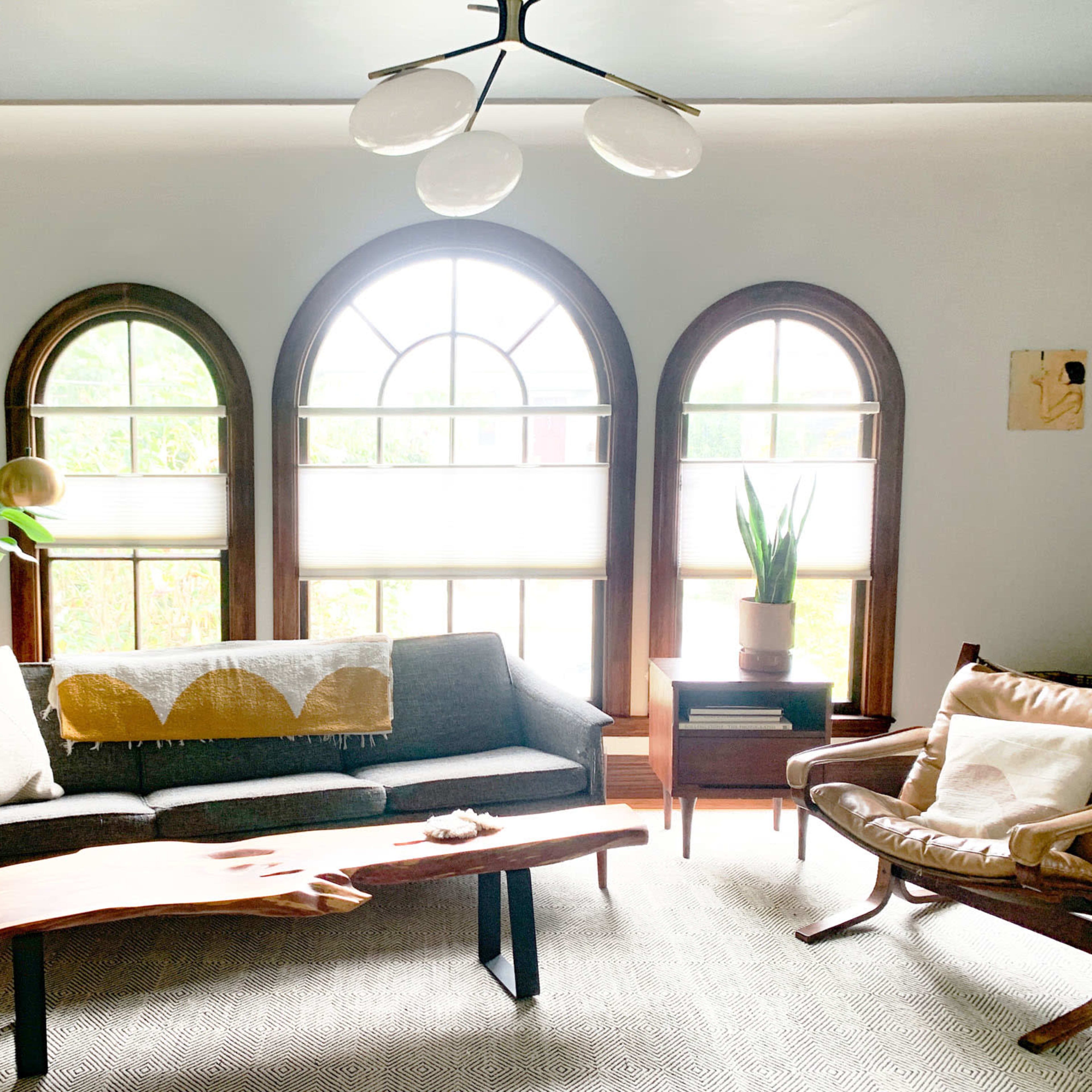 A living room features large arched windows, a gray sofa with a decorative throw, a wooden coffee table, and potted plants.