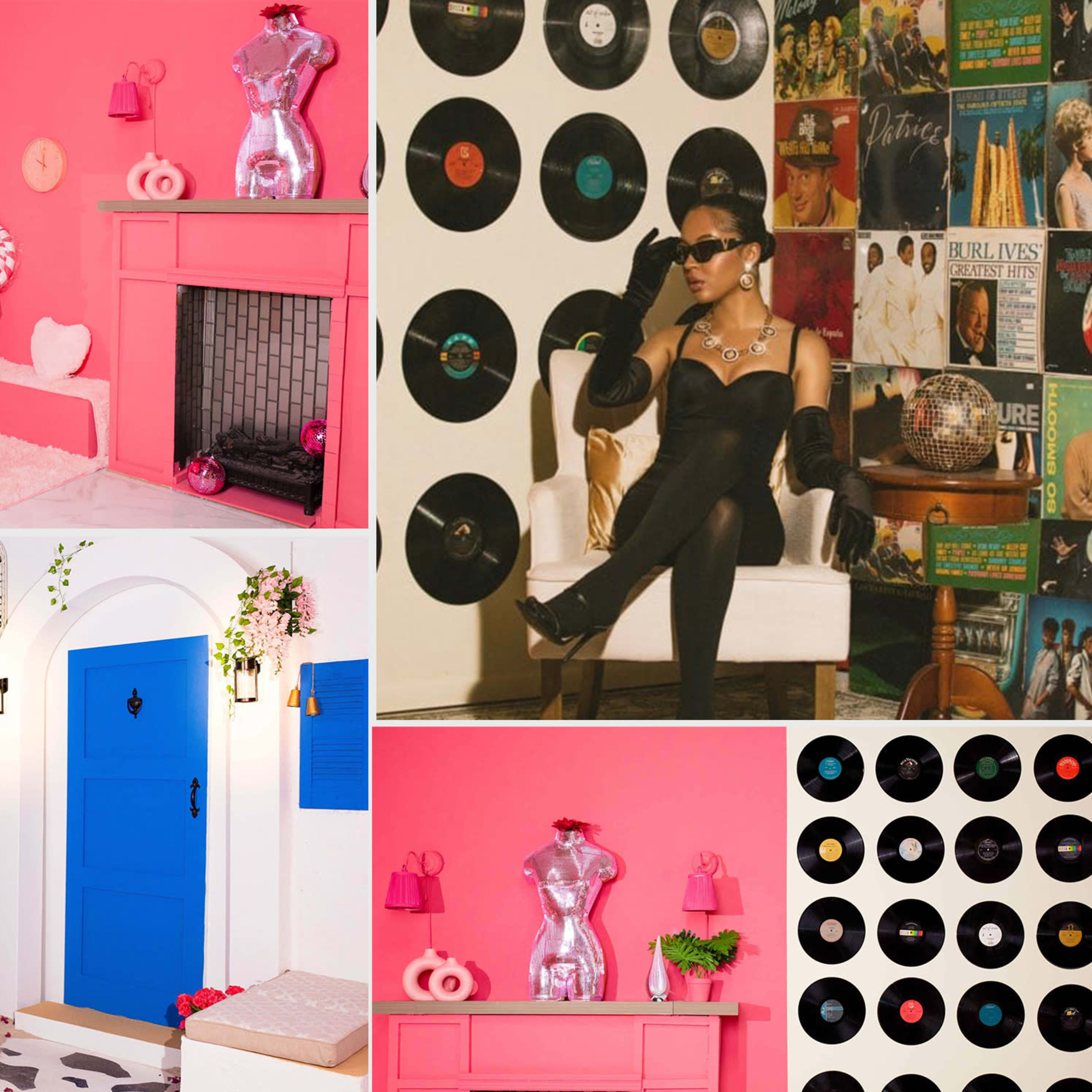 Various stylish interiors with vibrant pink walls, a striking blue door, decorative records on the walls, and elegant furniture arrangements.