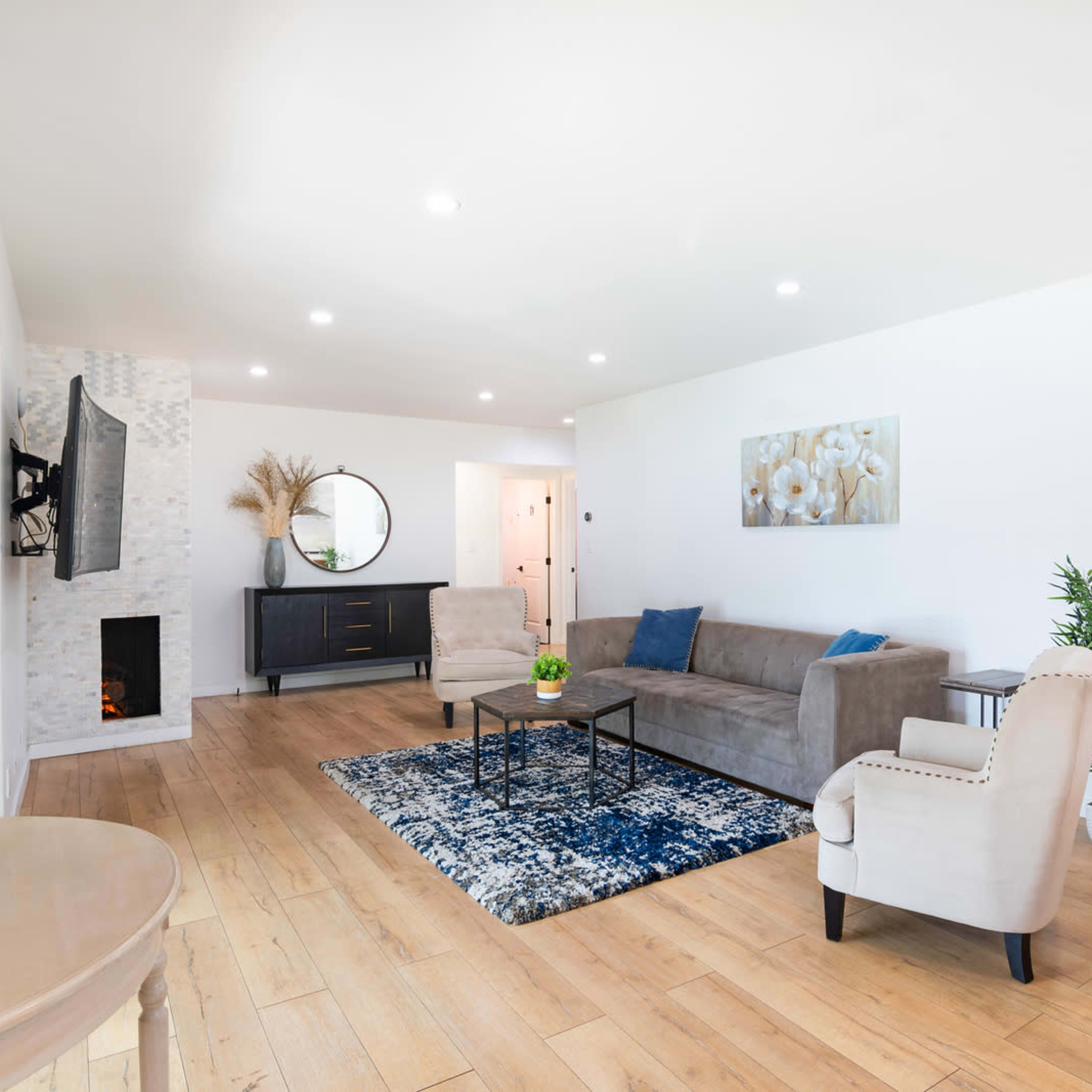 A bright living room features a gray sofa, a patterned blue rug, and a black sideboard against a white wall with a mounted TV.