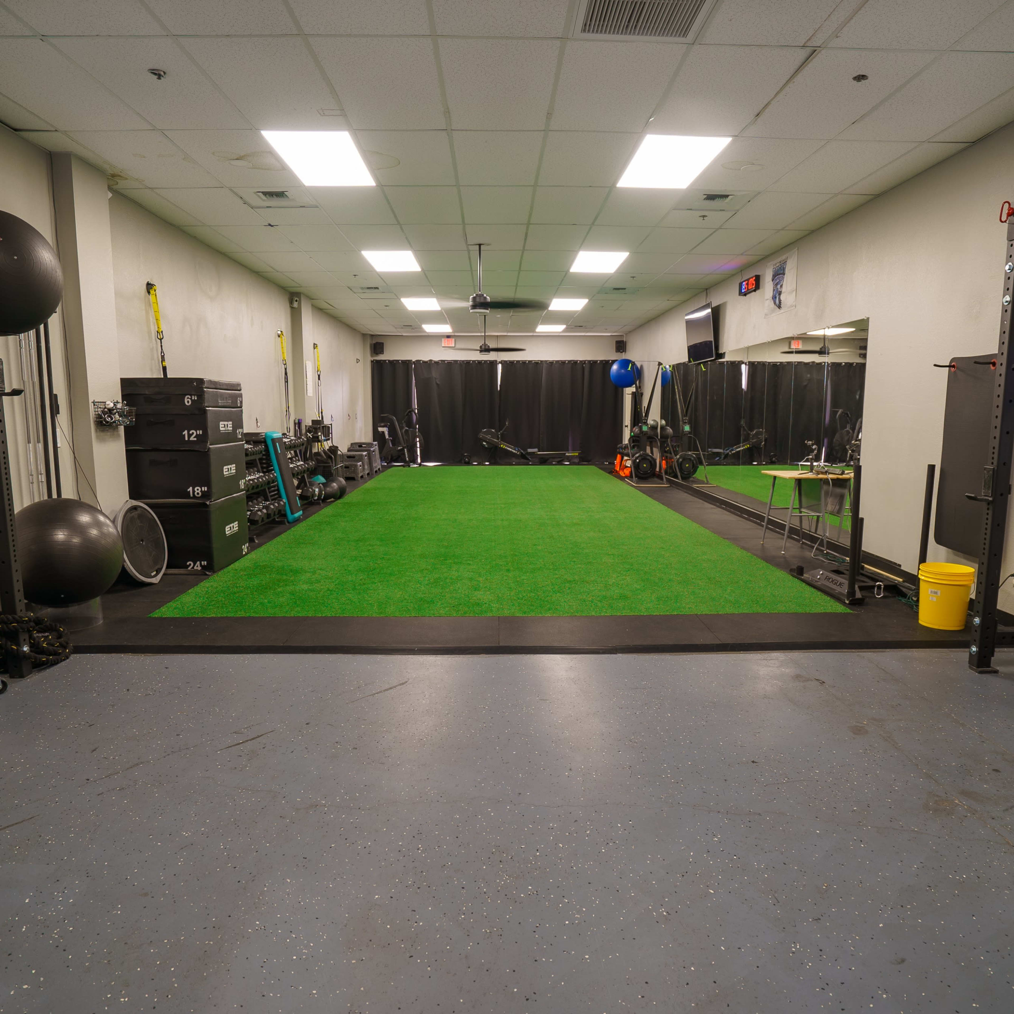A training facility featuring a green turf area surrounded by various gym equipment, including weights and exercise apparatus.