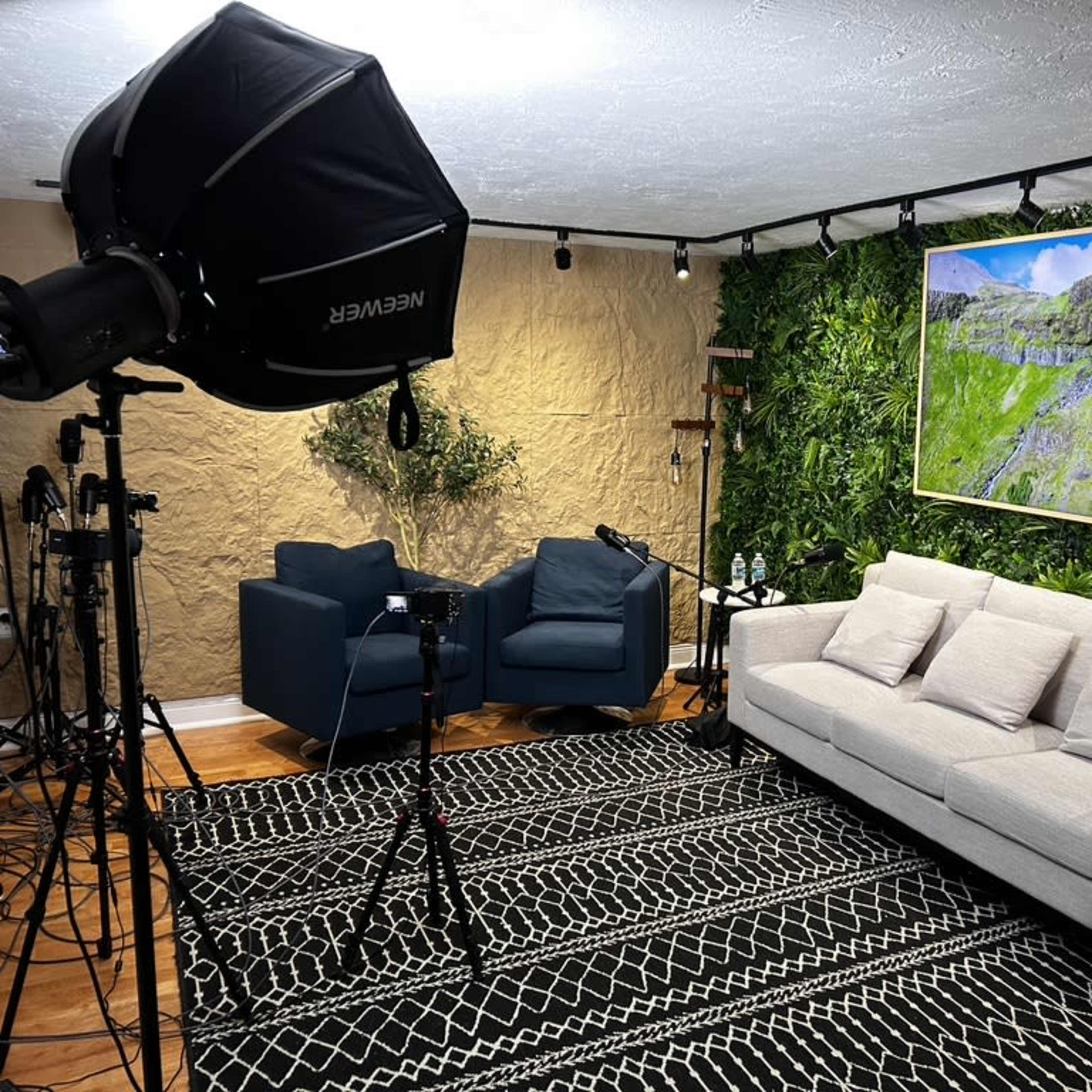 A room set up for filming, featuring a light source, a couch, two blue chairs, and a large landscape photograph on an accent wall covered with greenery.