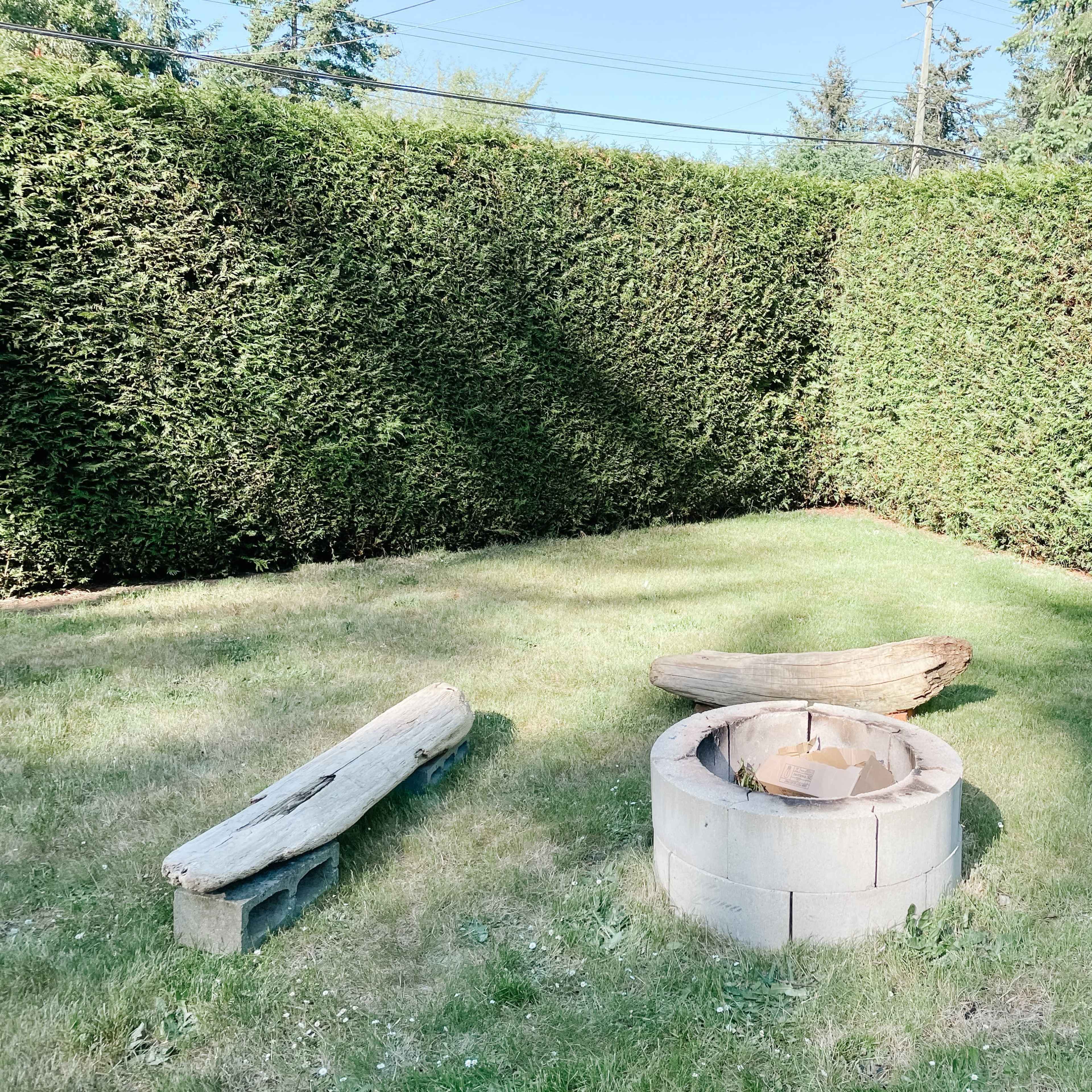 A circular fire pit made of concrete blocks is surrounded by grass and three wooden benches in a secluded backyard bordered by tall hedges.
