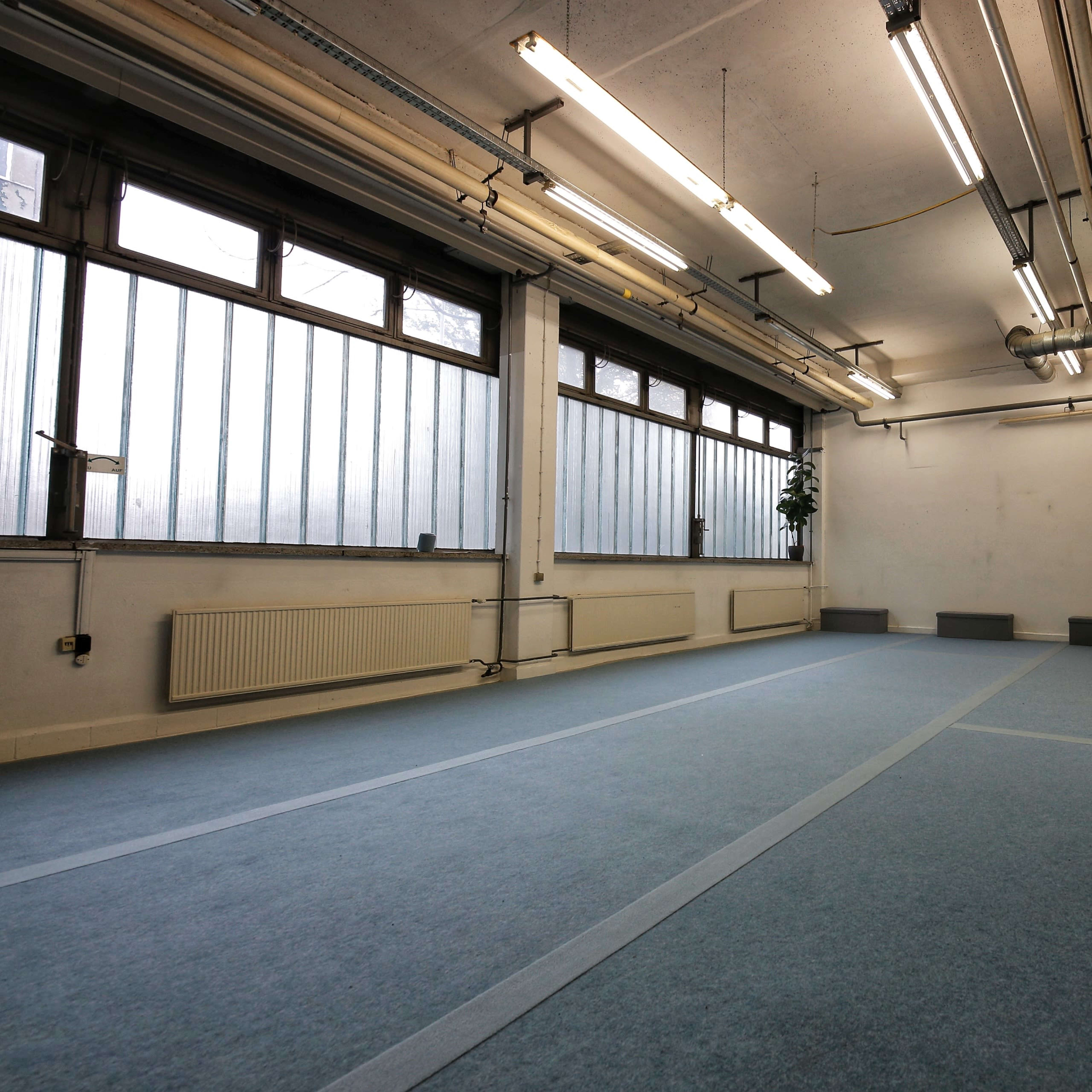 An empty room with blue carpet, large windows on one side, and a black curtain on the other.