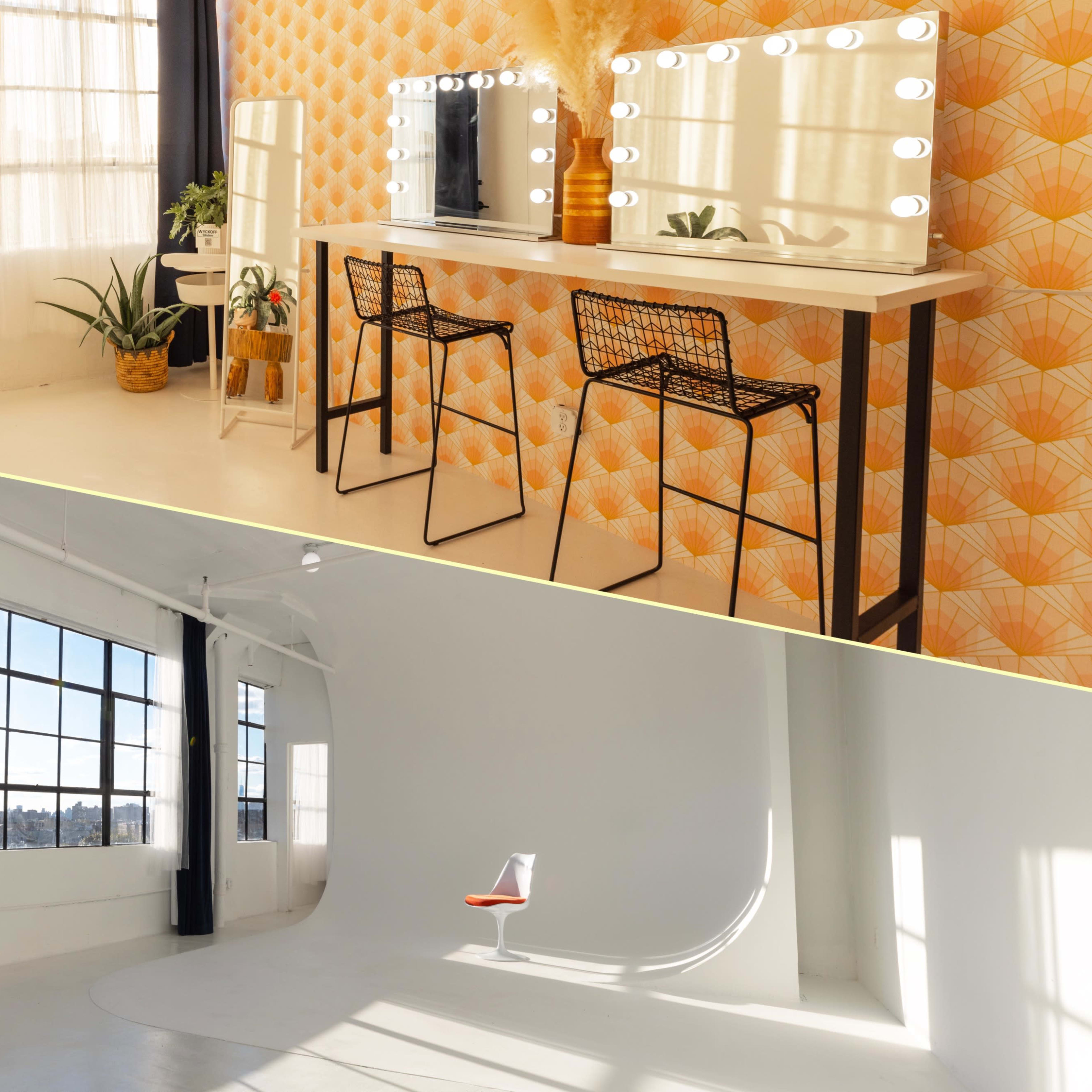 Two distinct studio spaces: the top features a brightly lit room with a patterned wall, two chairs, and a table with illuminated mirrors, while the bottom showcases a minimalist white space with a single chair and large windows letting in sunlight.