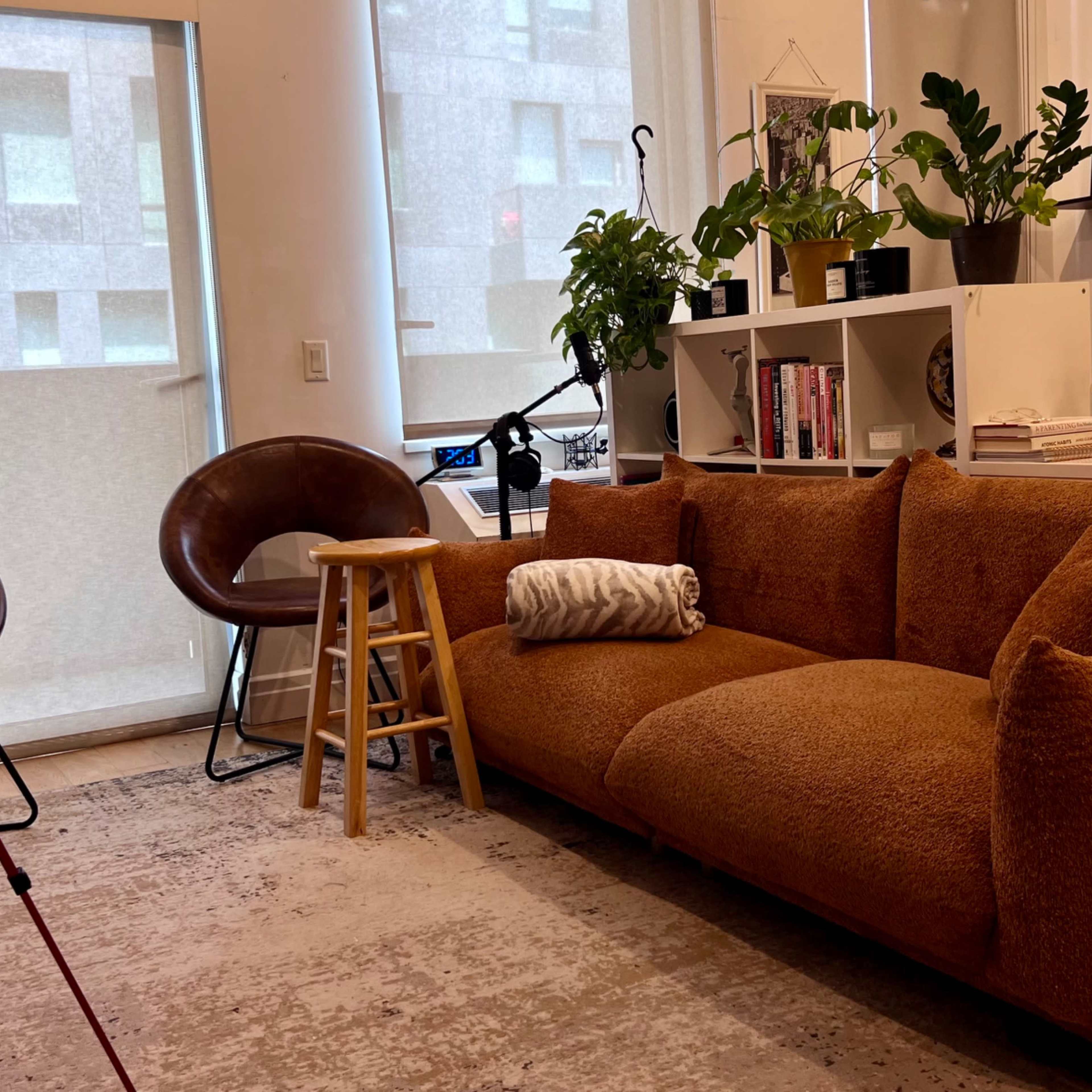 A cozy living space featuring a brown sofa, two circular chairs, a wooden stool, and plants on a shelf, with a large window letting in natural light.