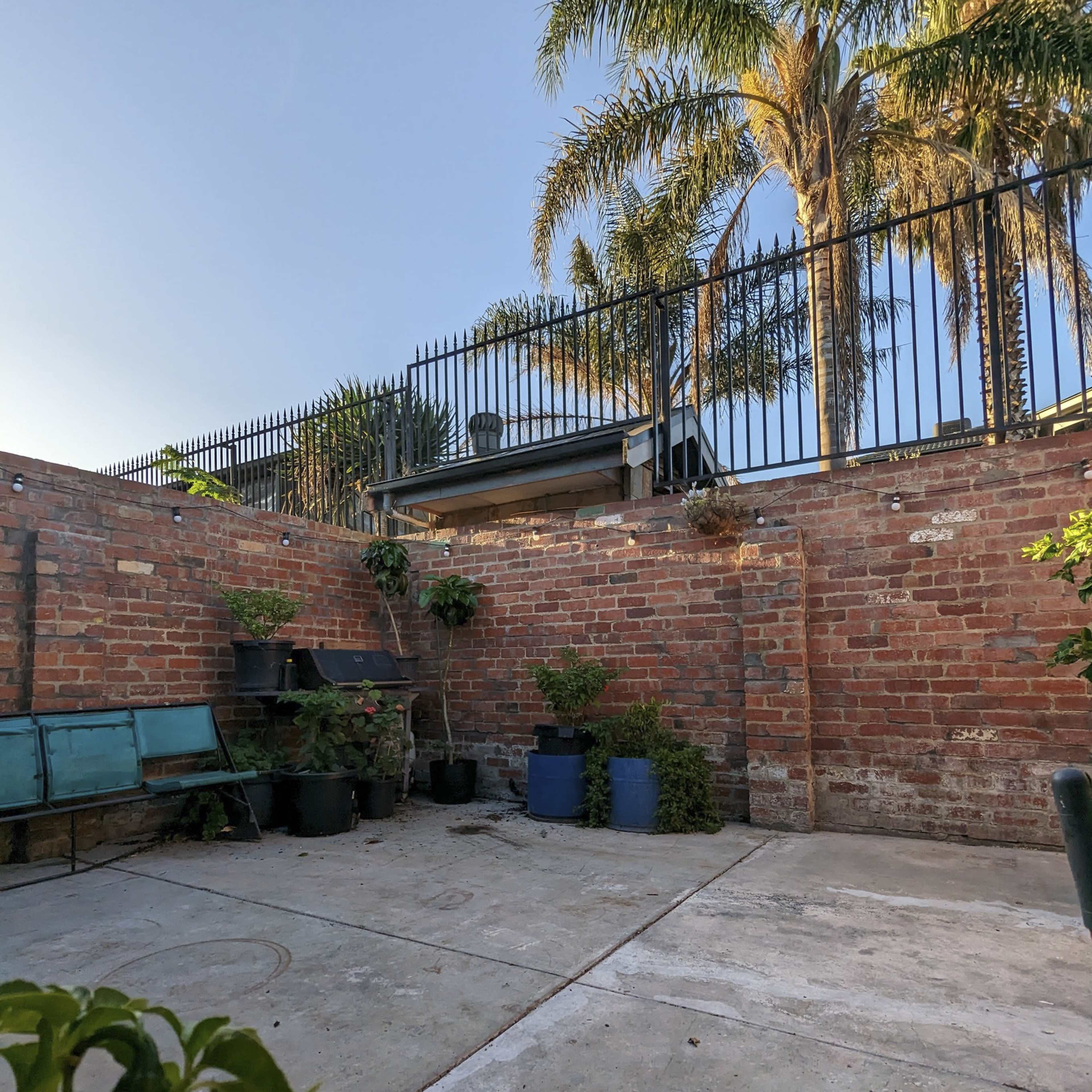A small concrete outdoor space features brick walls and several potted plants with palm trees in the background.