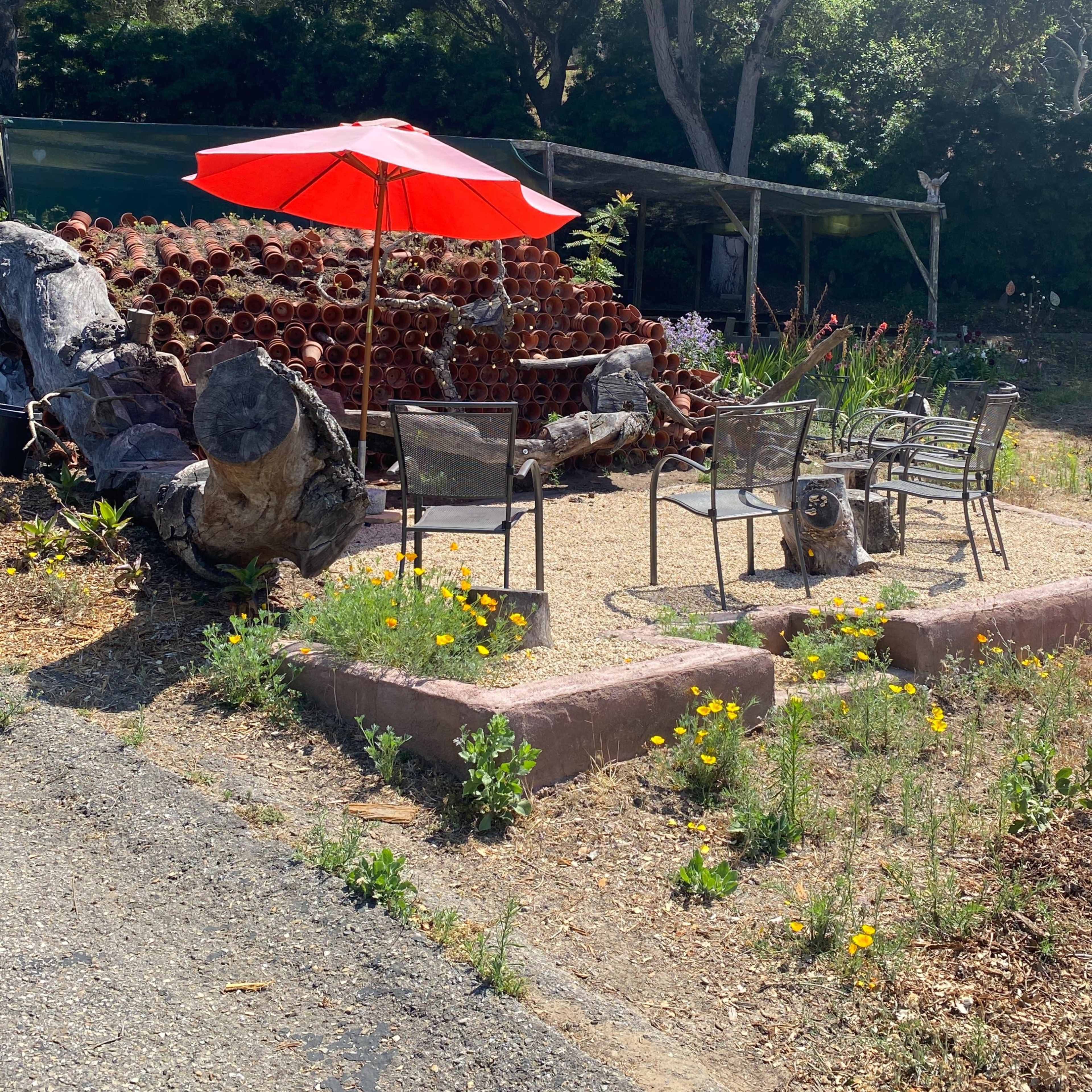 A red umbrella shades a circular seating area surrounded by potted plants and gravel.