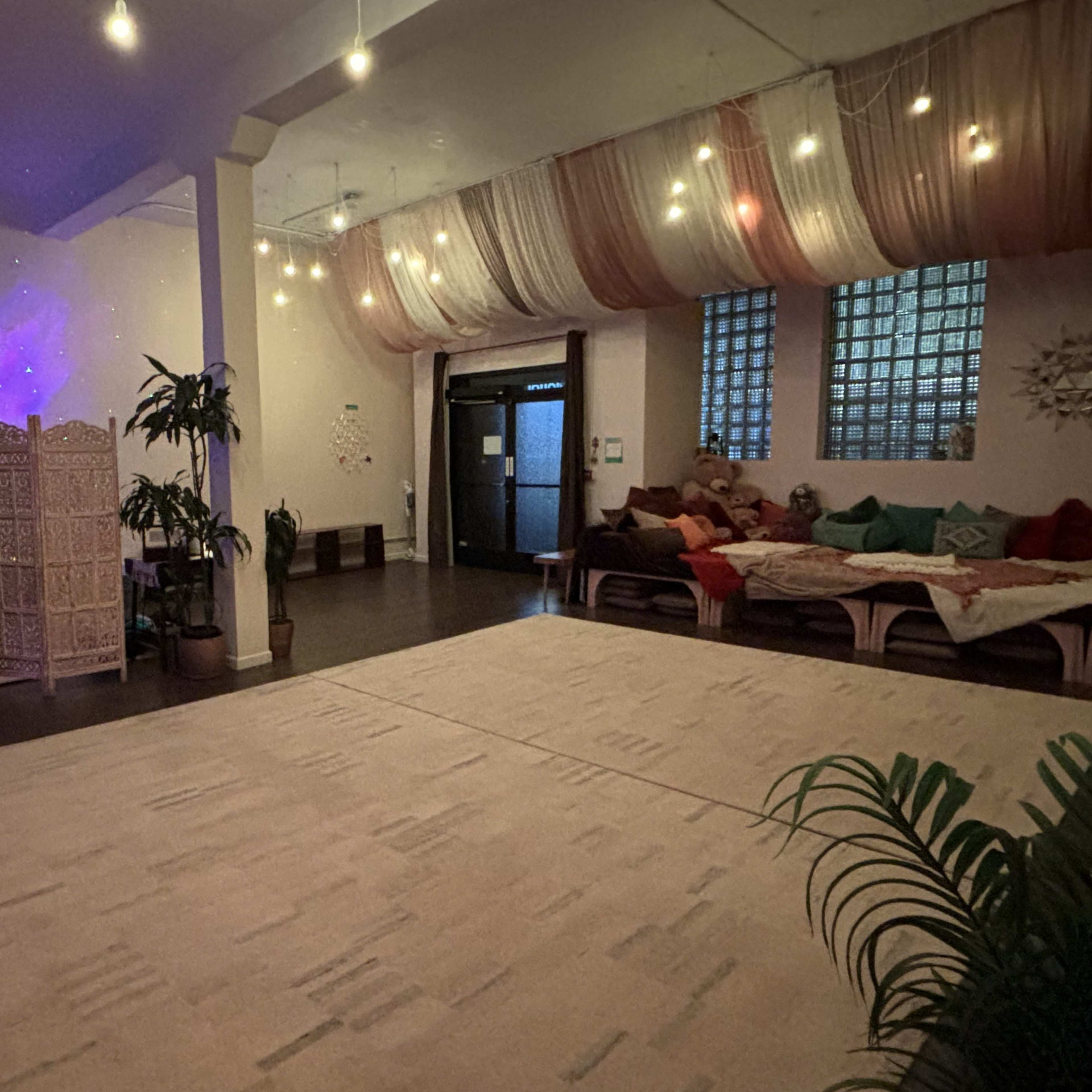 A spacious room with a light-colored carpet, decorative plants, soft seating on one side, and a partition screen, with dim lighting and draped fabric overhead.
