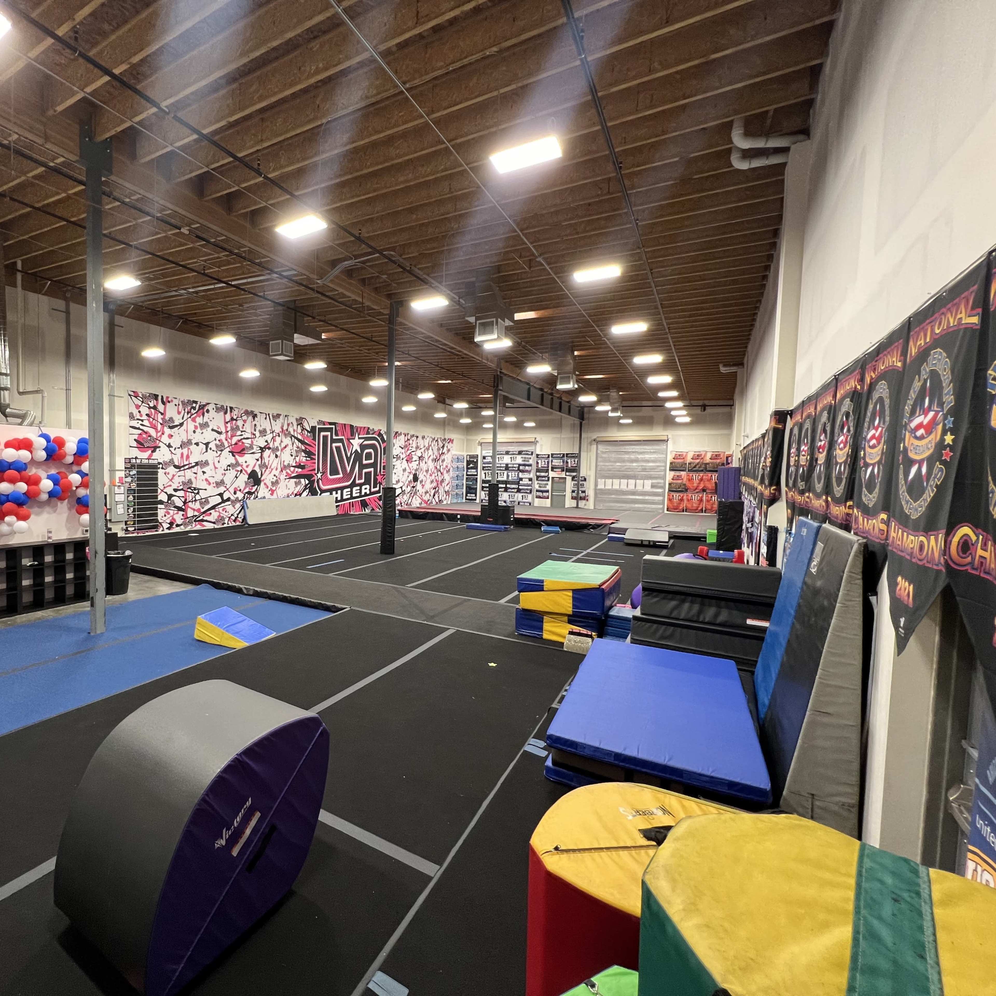 A spacious gymnasium equipped with various gymnastic apparatus, colorful mats, and walls decorated with murals.