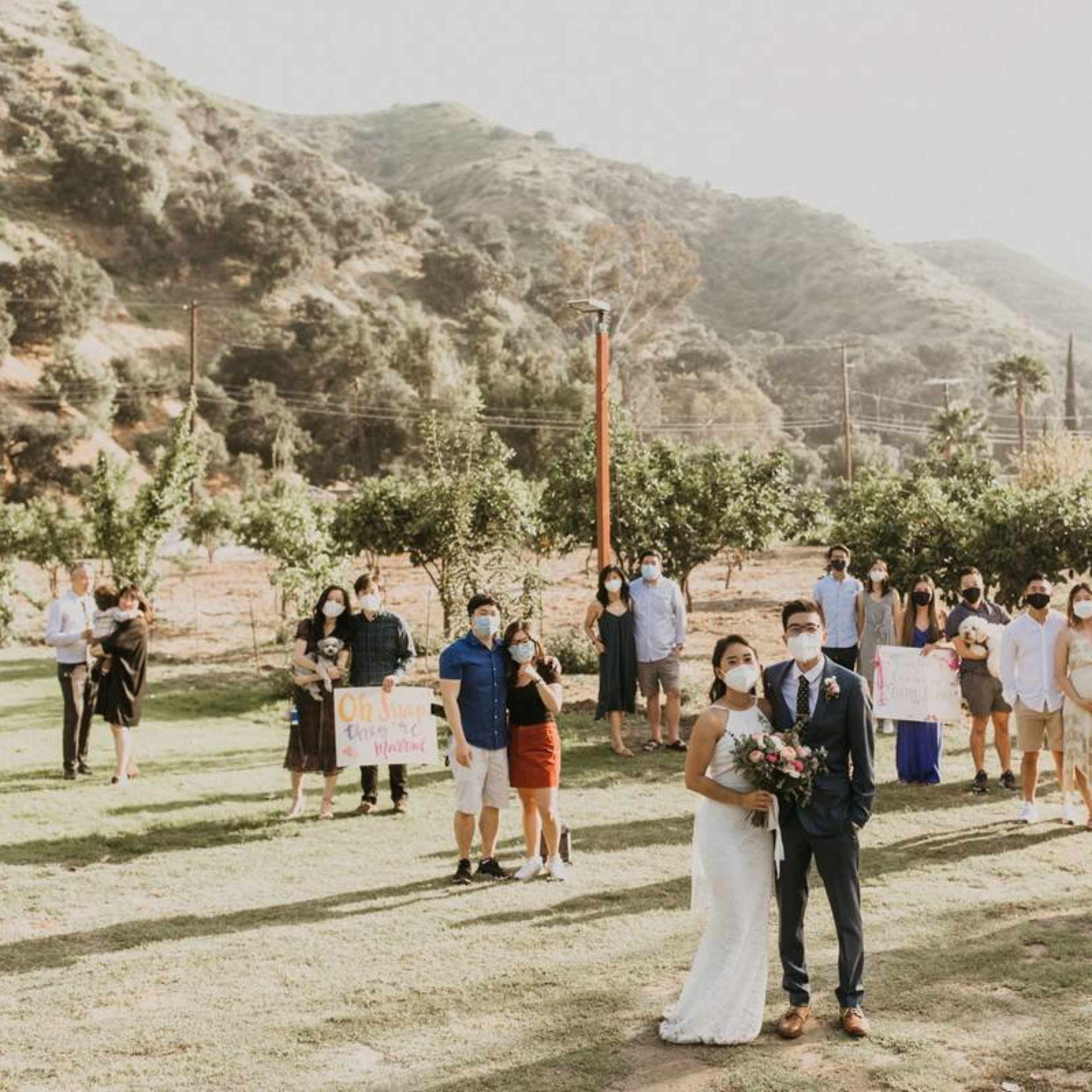 A couple stands in front of a group of wedding guests holding signs in a picturesque outdoor setting surrounded by hills and trees.