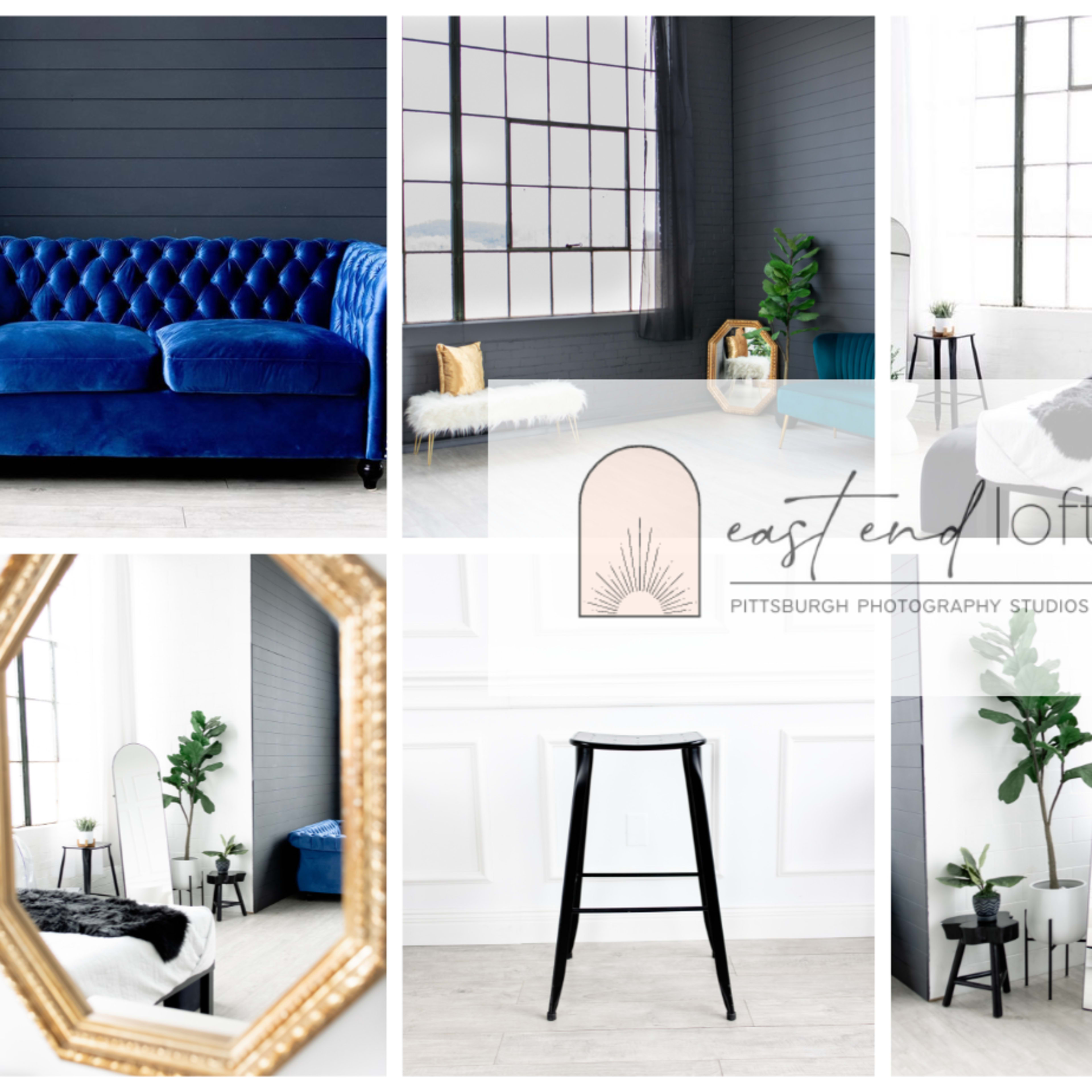 A collage of various interior spaces featuring furniture and decor elements in a photography studio, including a blue velvet sofa, a white bed, and decorative plants.