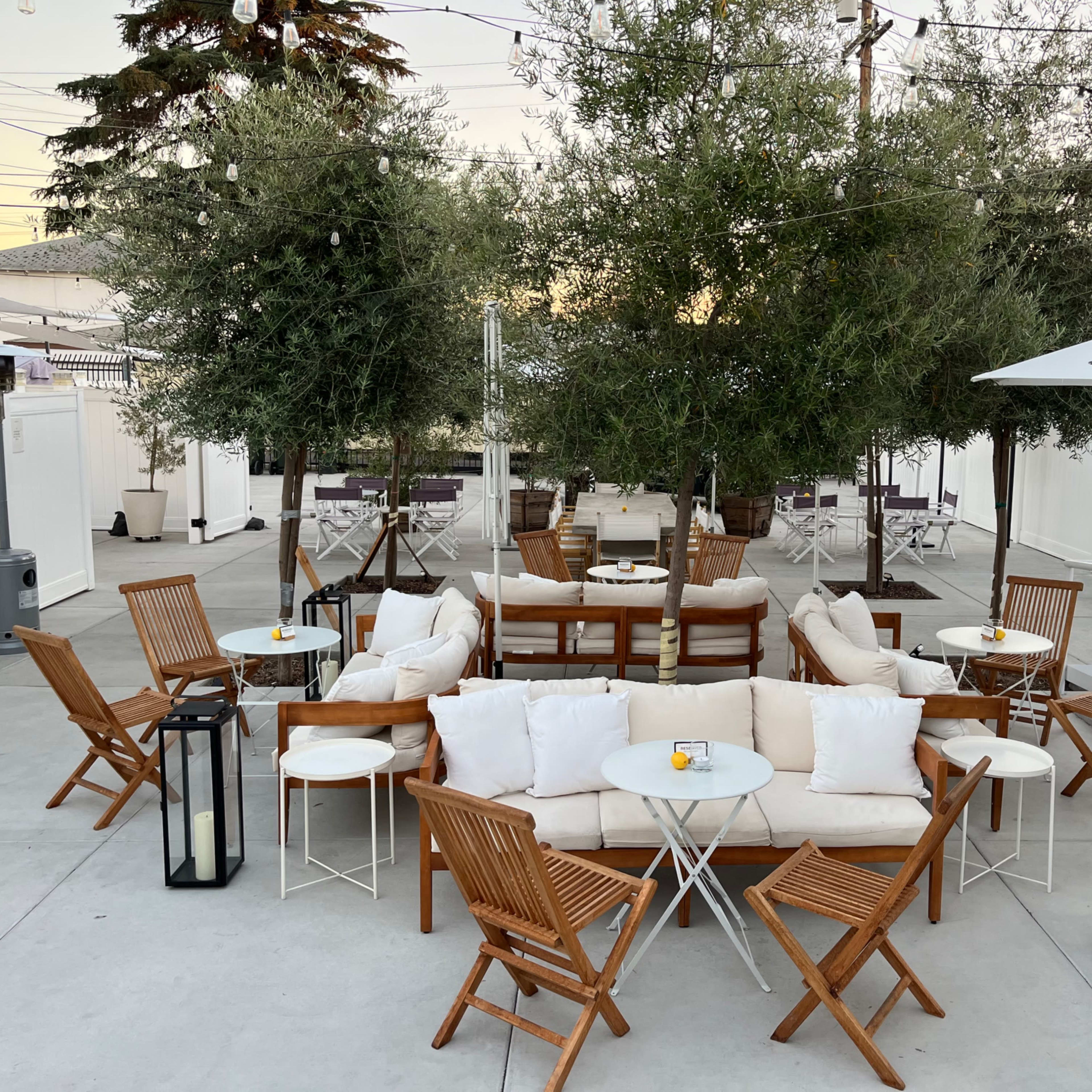 A landscaped outdoor seating area features wooden chairs and tables arranged around olive trees, with patio lights overhead and gas heaters positioned along the perimeter.