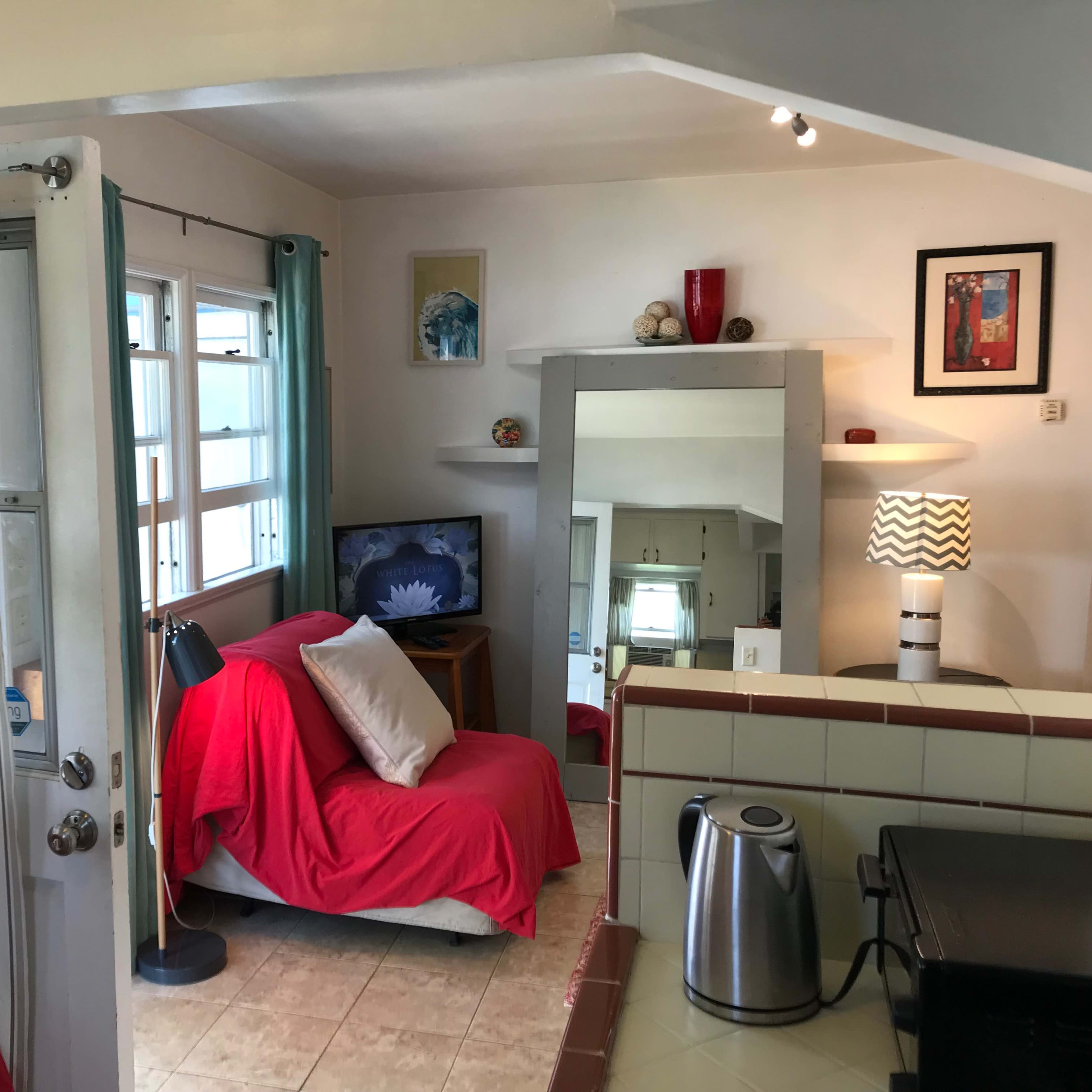 A small living space with a couch draped in a red blanket, a television, a mirror, and a kitchenette area.