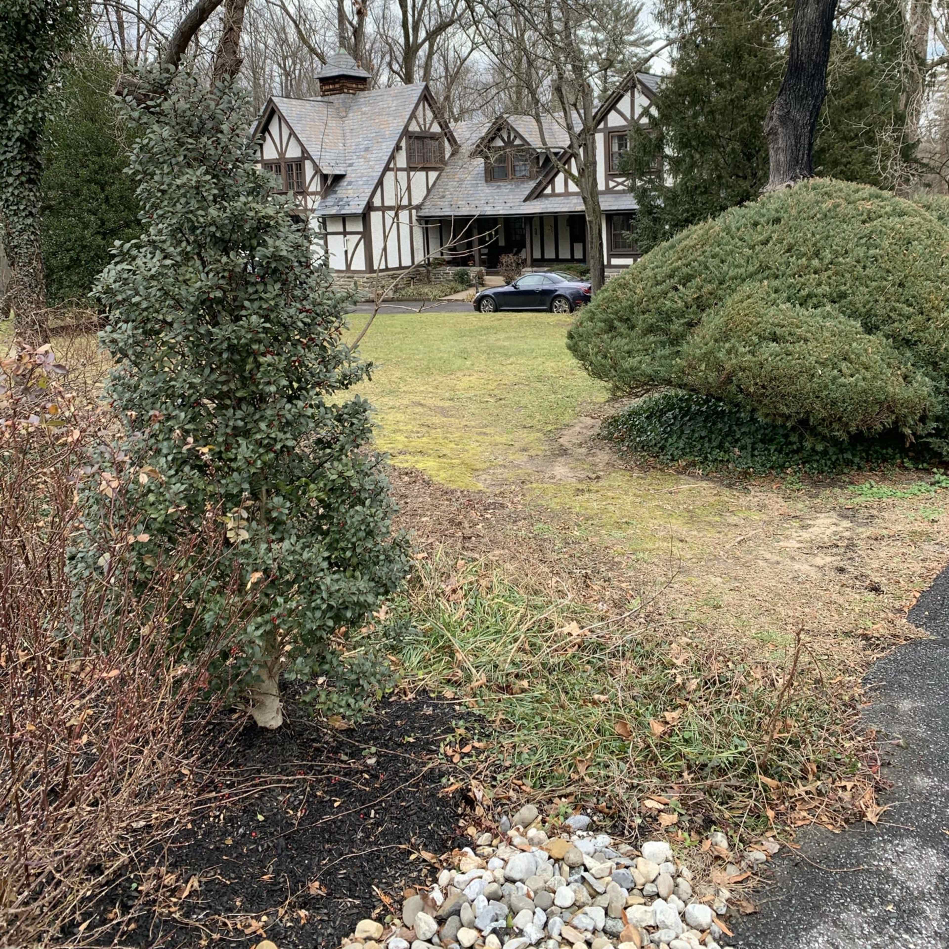 A large Tudor-style house is partially visible behind well-maintained shrubs and trees, set in a grassy yard.