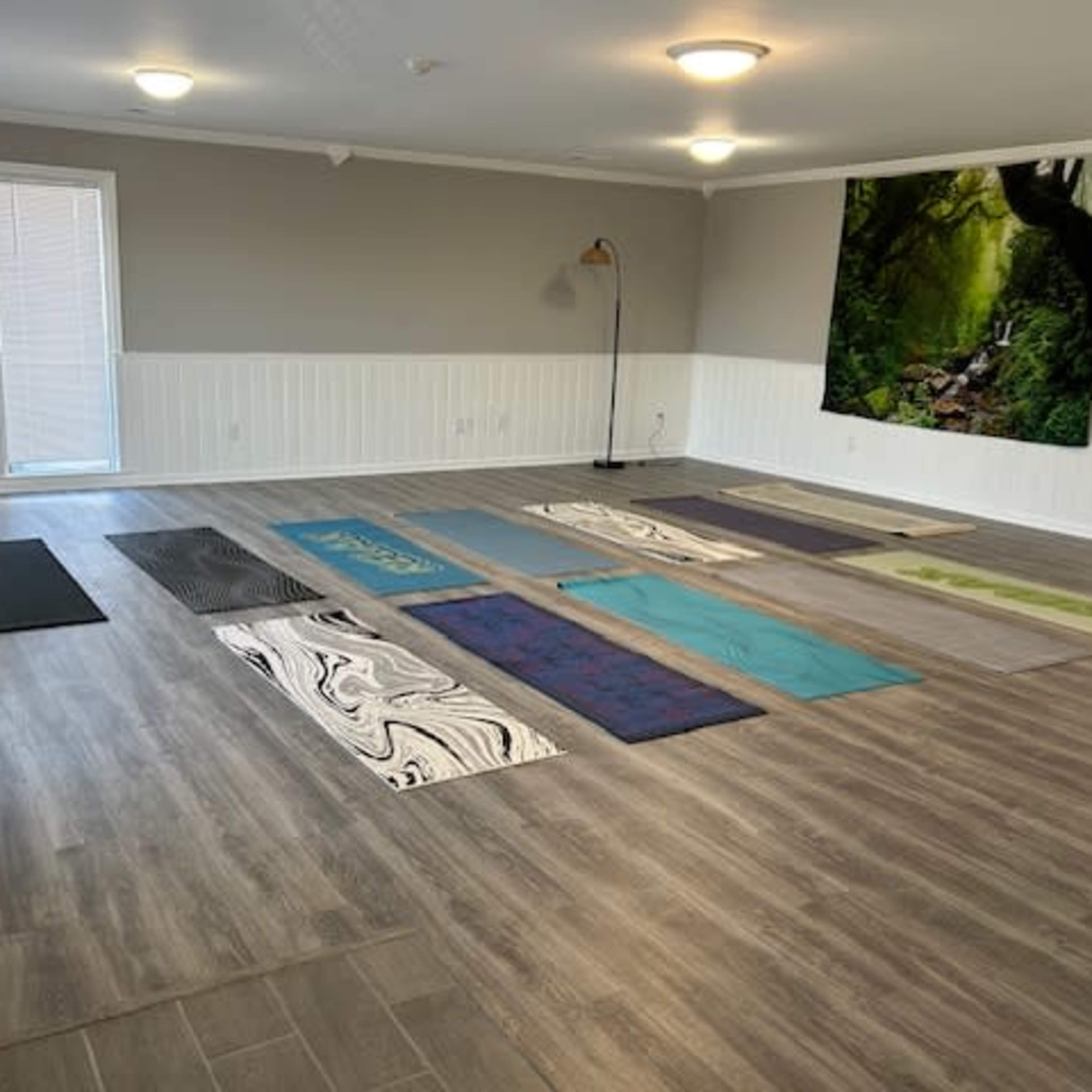 A spacious room with several yoga mats arranged on the floor, a floor lamp, and a large mural depicting a forest scene on one wall.