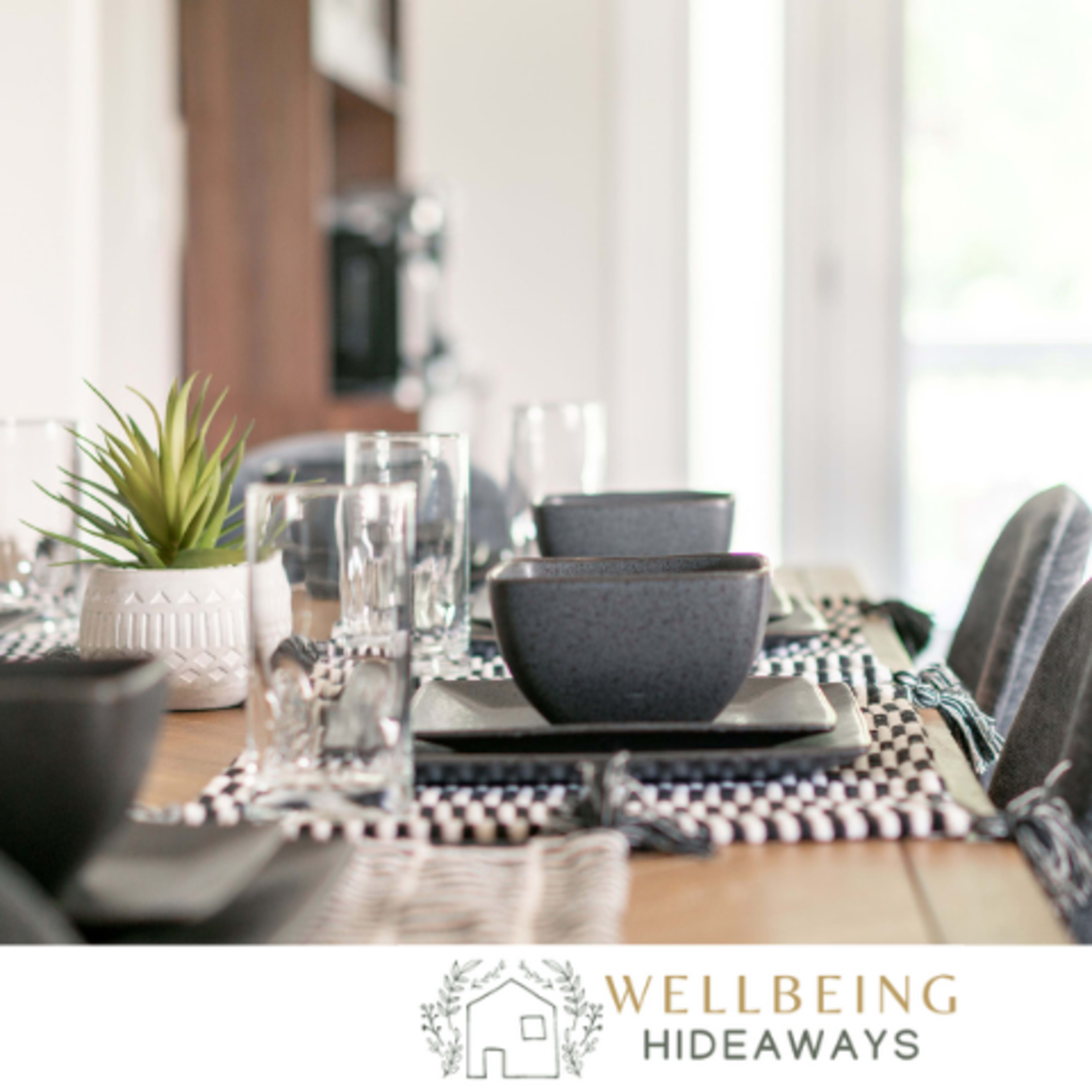 A dining table is set with black bowls, clear glasses, and placemats, complemented by a small green plant in a white pot.