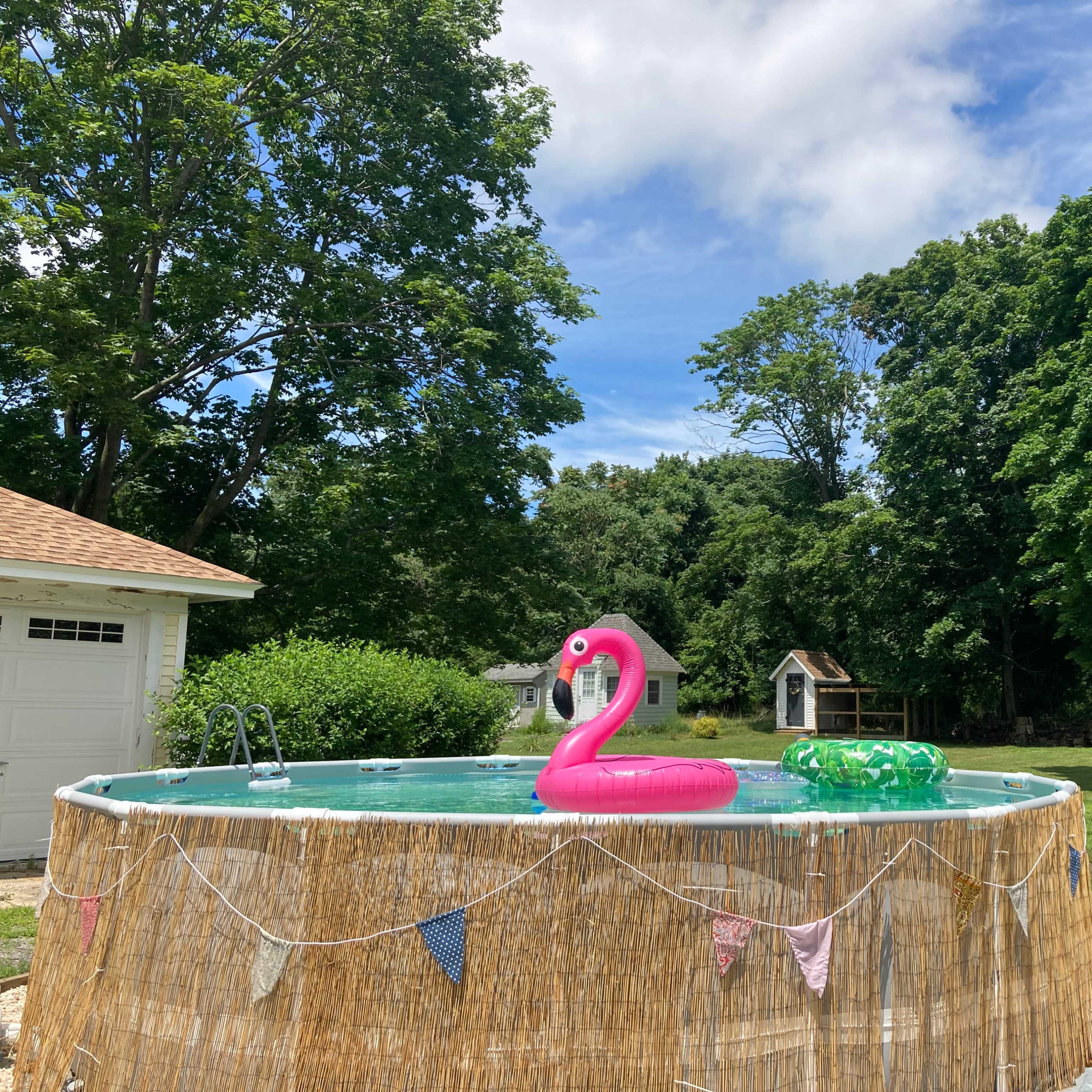 A backyard with a round above-ground pool, featuring a pink flamingo float and surrounded by lush trees and a grassy area.