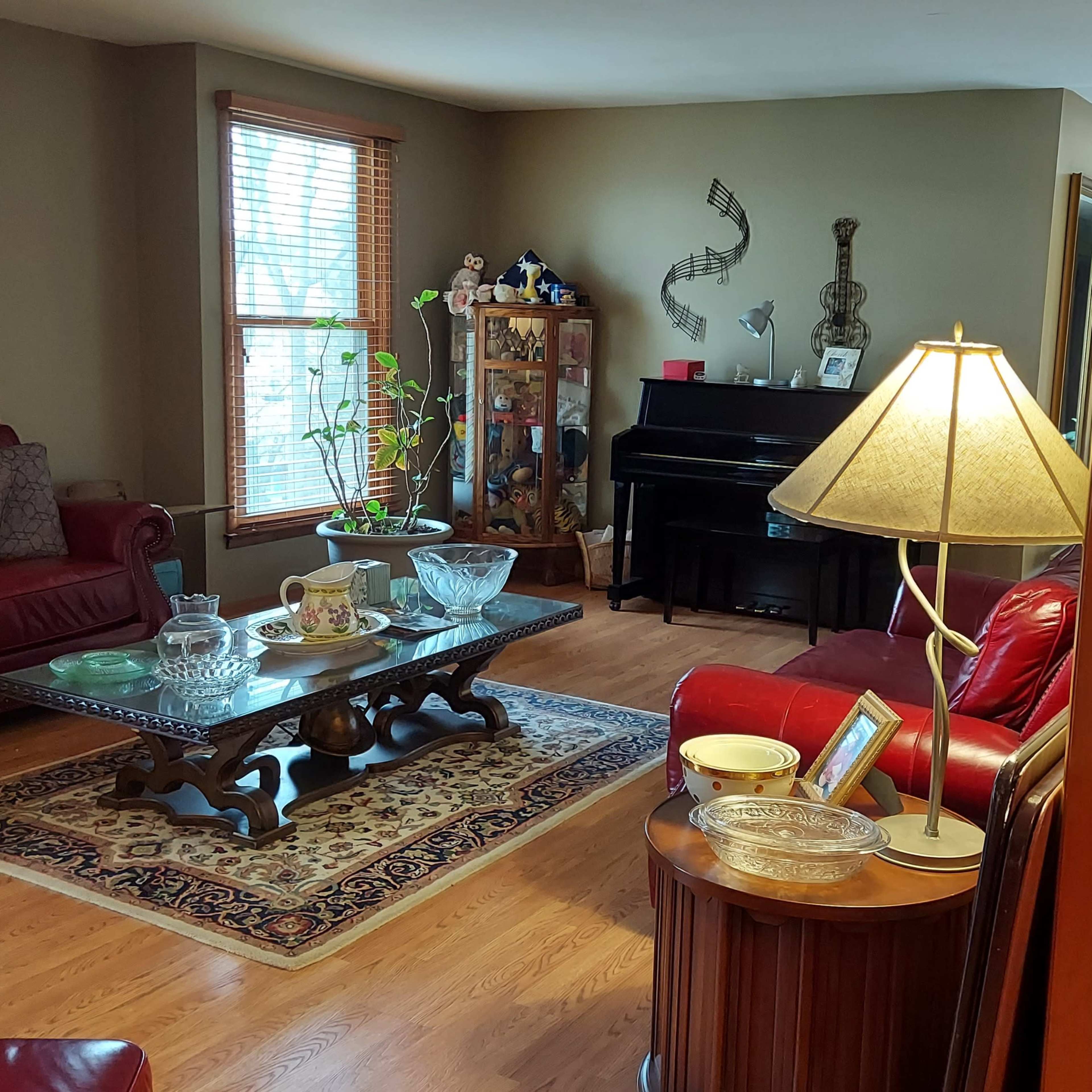 A living room with red leather sofas, a wooden coffee table, a piano, and a decorative rug.