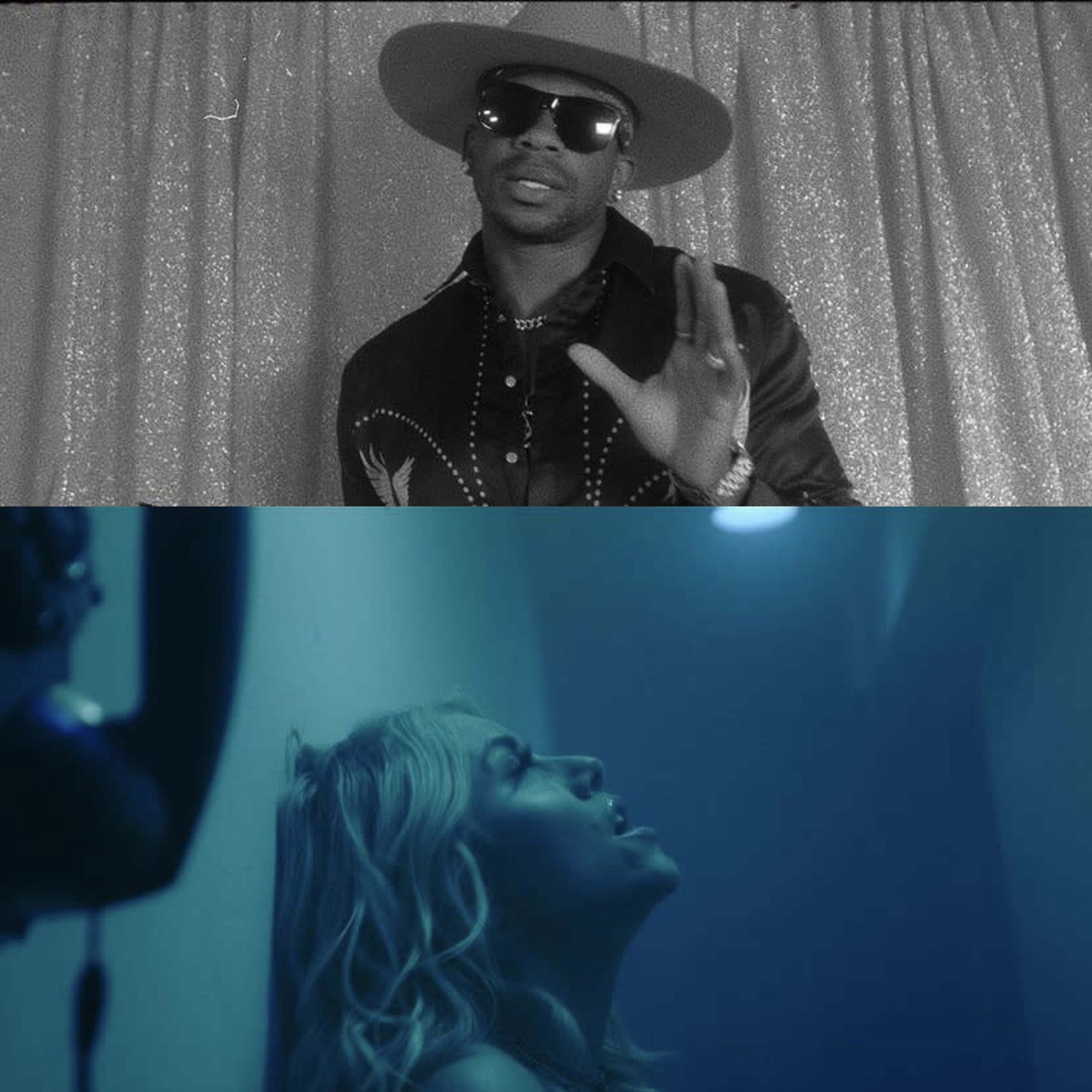 Two separate scenes, one with a man in a hat and sunglasses gesturing, and the other showing a woman with blonde hair leaning against a wall in dim light.
