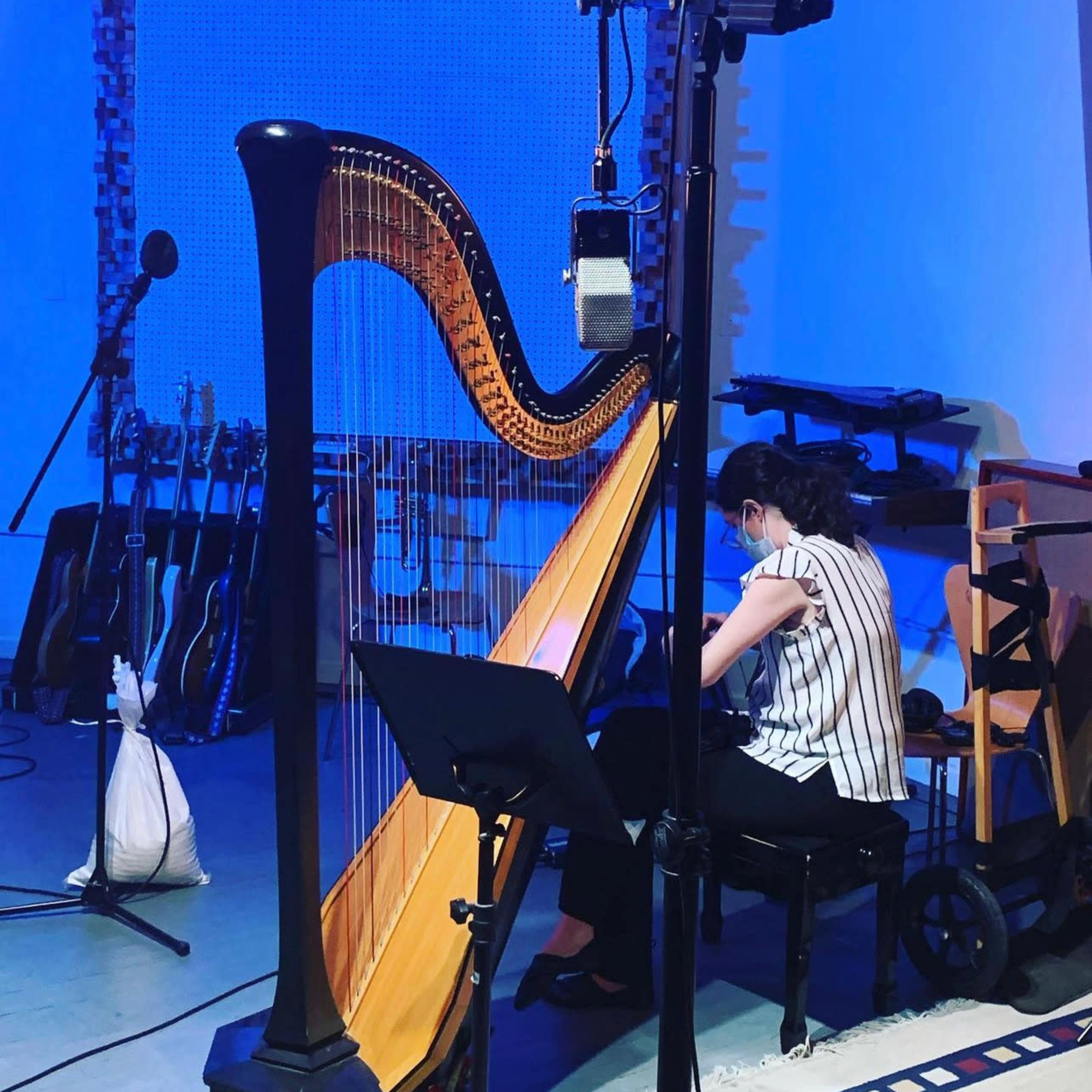 A musician plays a harp in a well-equipped studio surrounded by guitars and microphones.