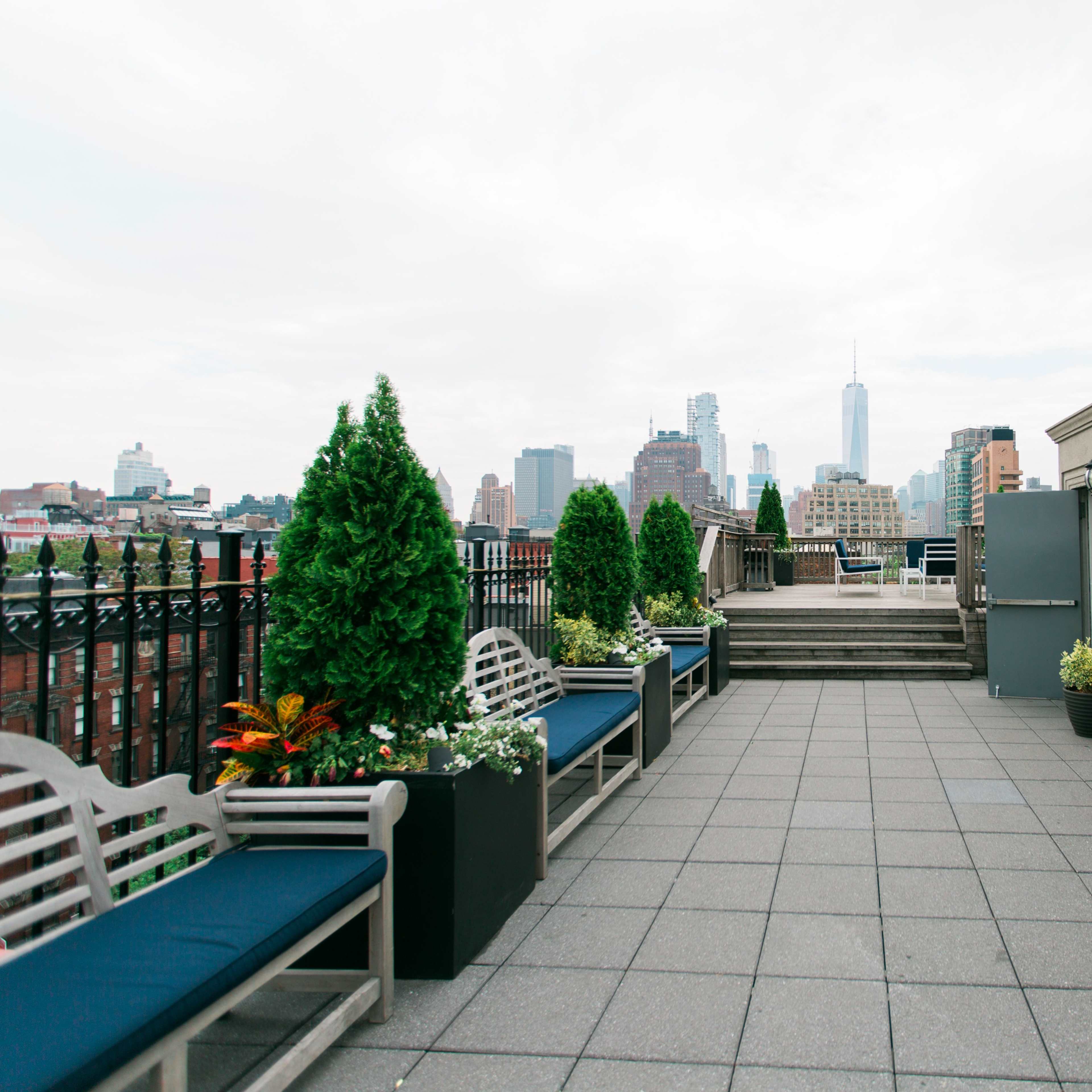 A rooftop terrace features benches with potted plants and a view of city skyscrapers in the distance.