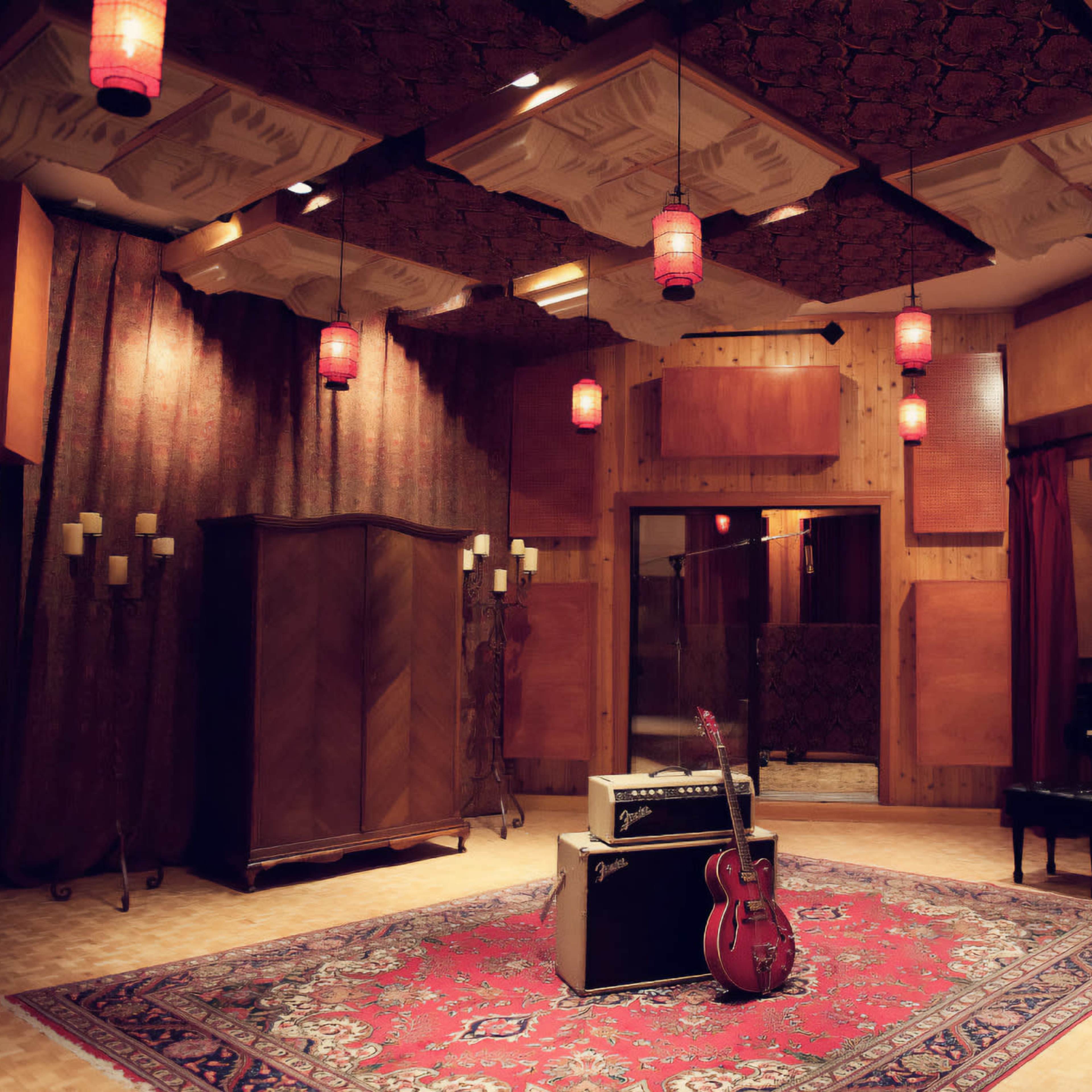 A music recording studio featuring an electric guitar and amplifier on a patterned rug, surrounded by wooden paneling and illuminated by red pendant lights.