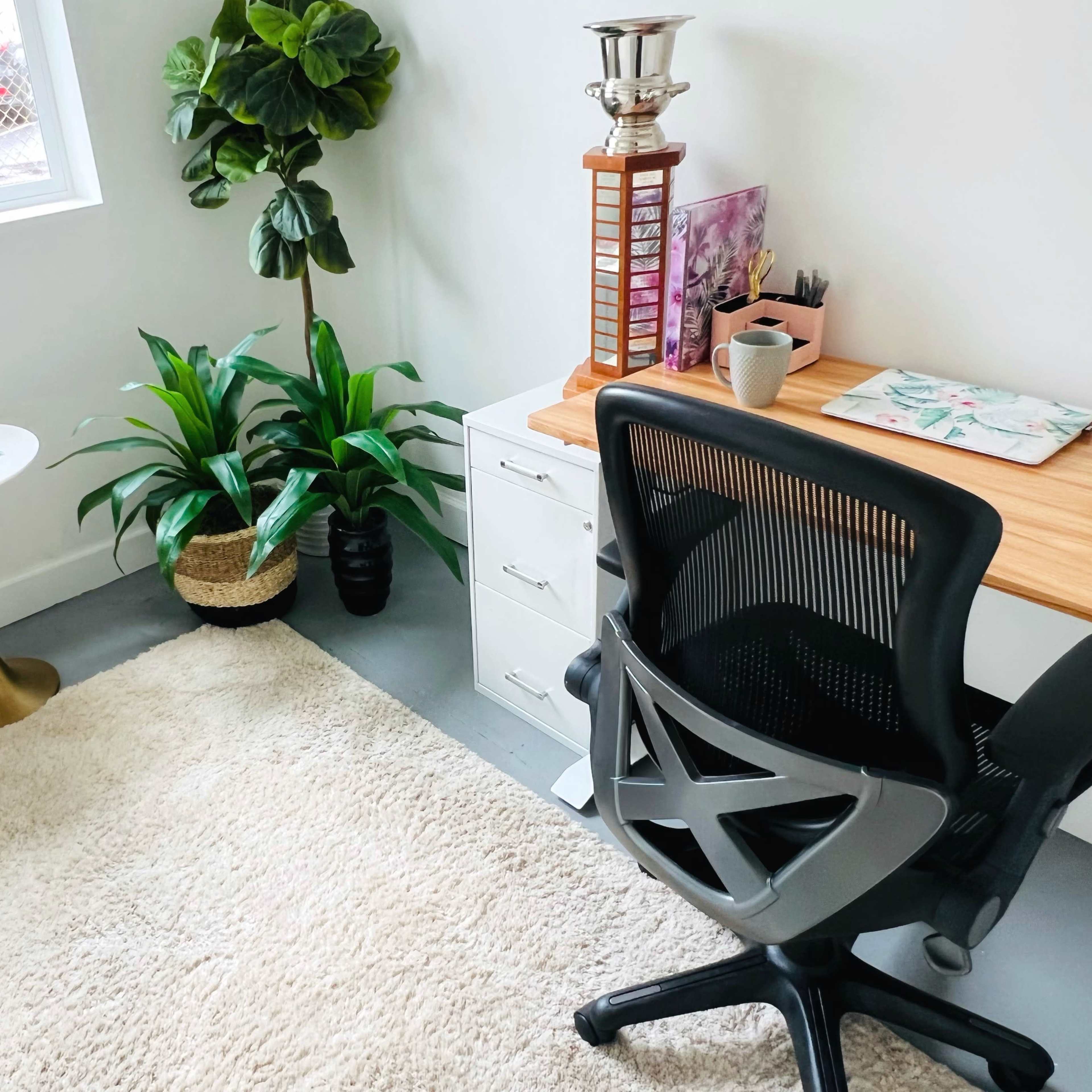 A modern office space features a desk with a wooden top, a black ergonomic chair, a potted plant, a small round side table, and a light-colored rug.