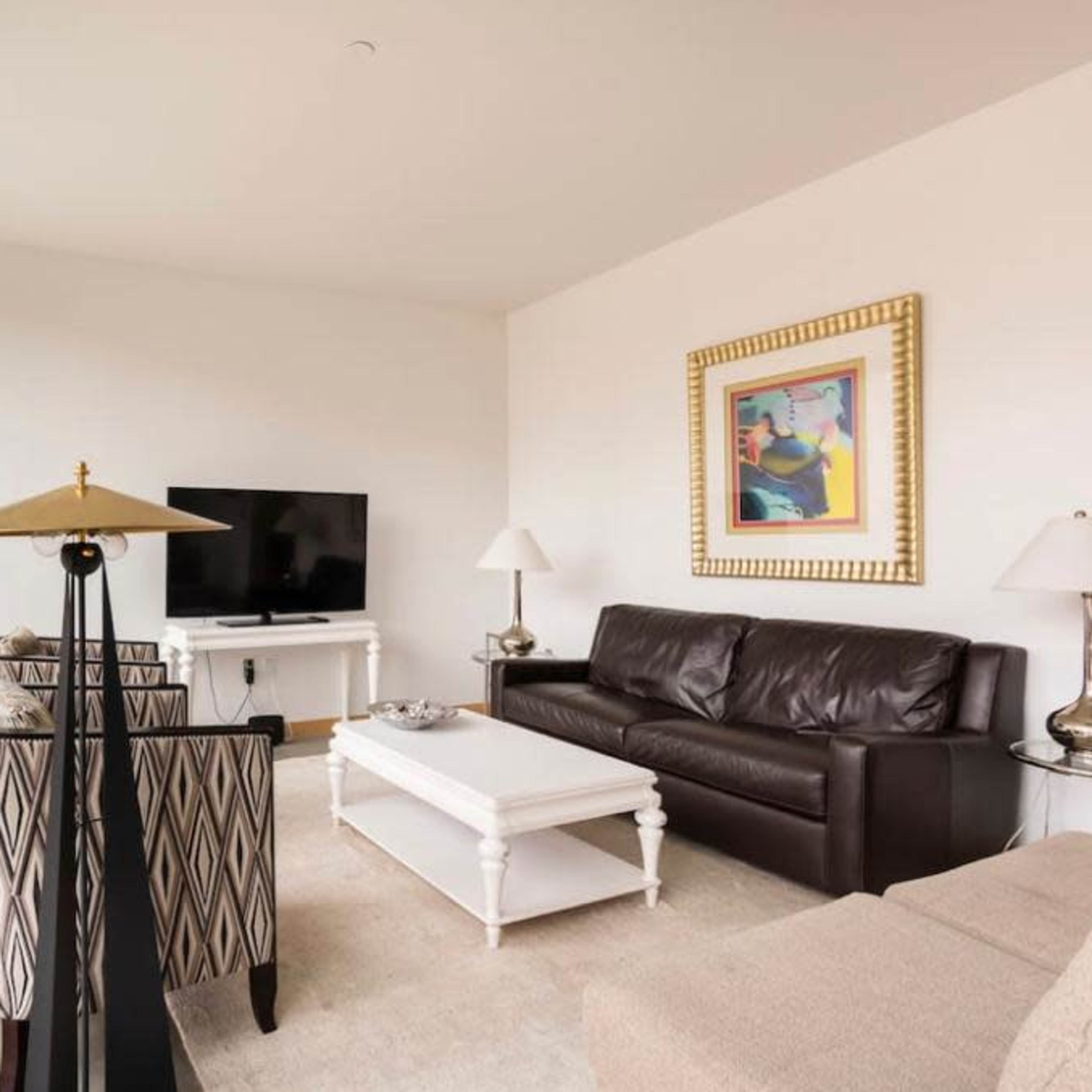 The living room features a leather sofa, two patterned chairs, a coffee table, a television, and large windows providing natural light.