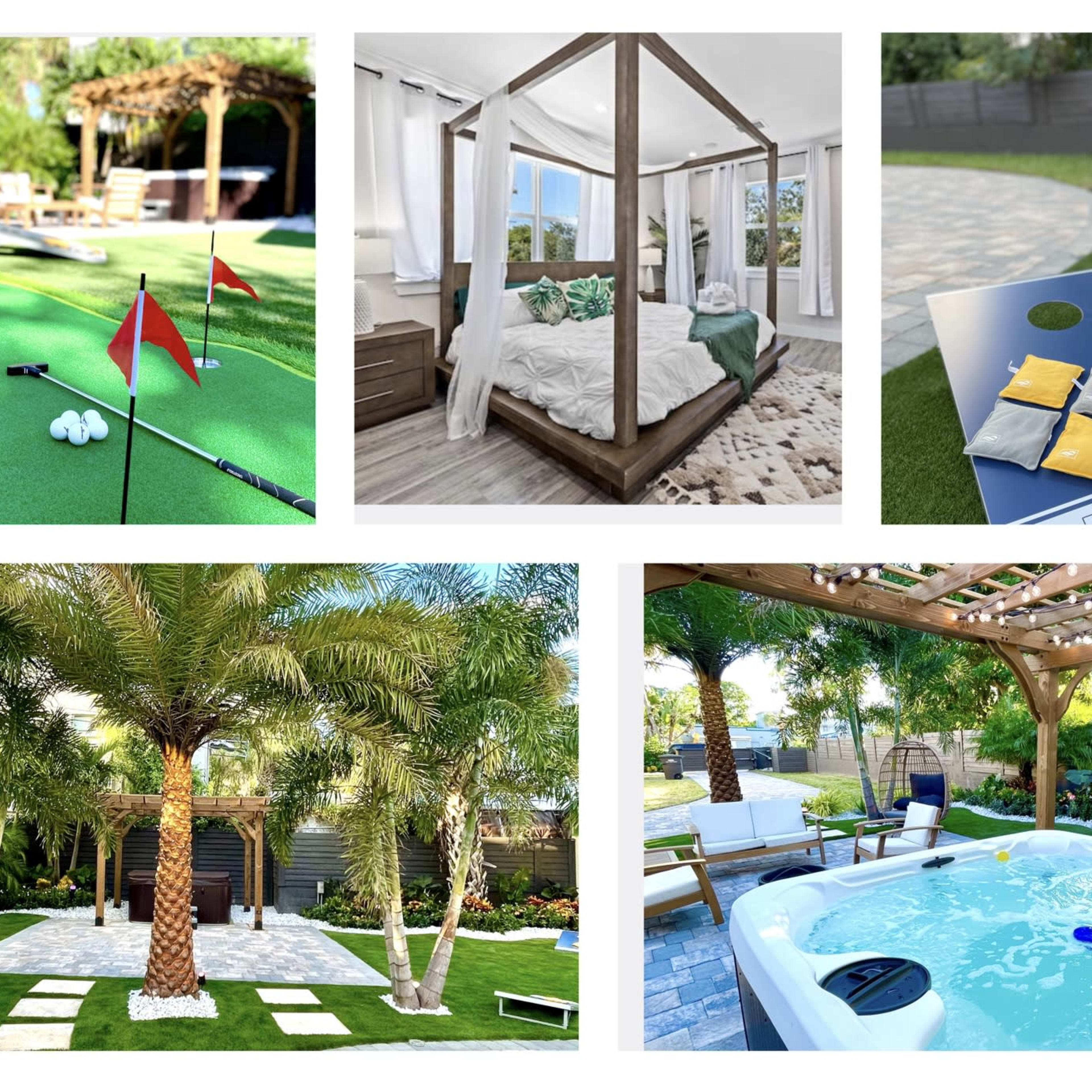 Various outdoor and indoor scenes, including a putting green, a canopy bed, a landscaped garden with palm trees, a dining setup, and a jacuzzi.