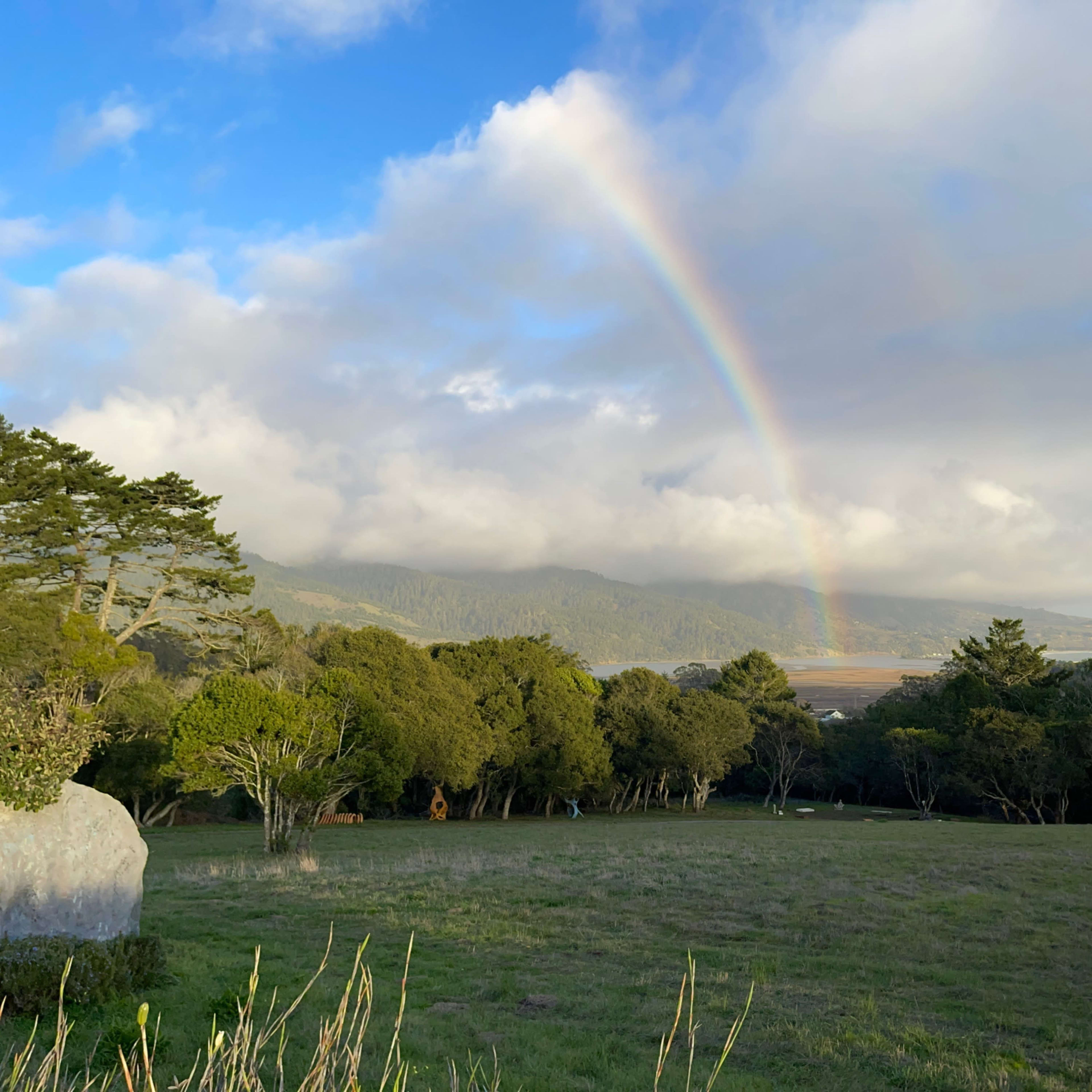 A rainbow arches over a green landscape with trees and hills under a partly cloudy sky.