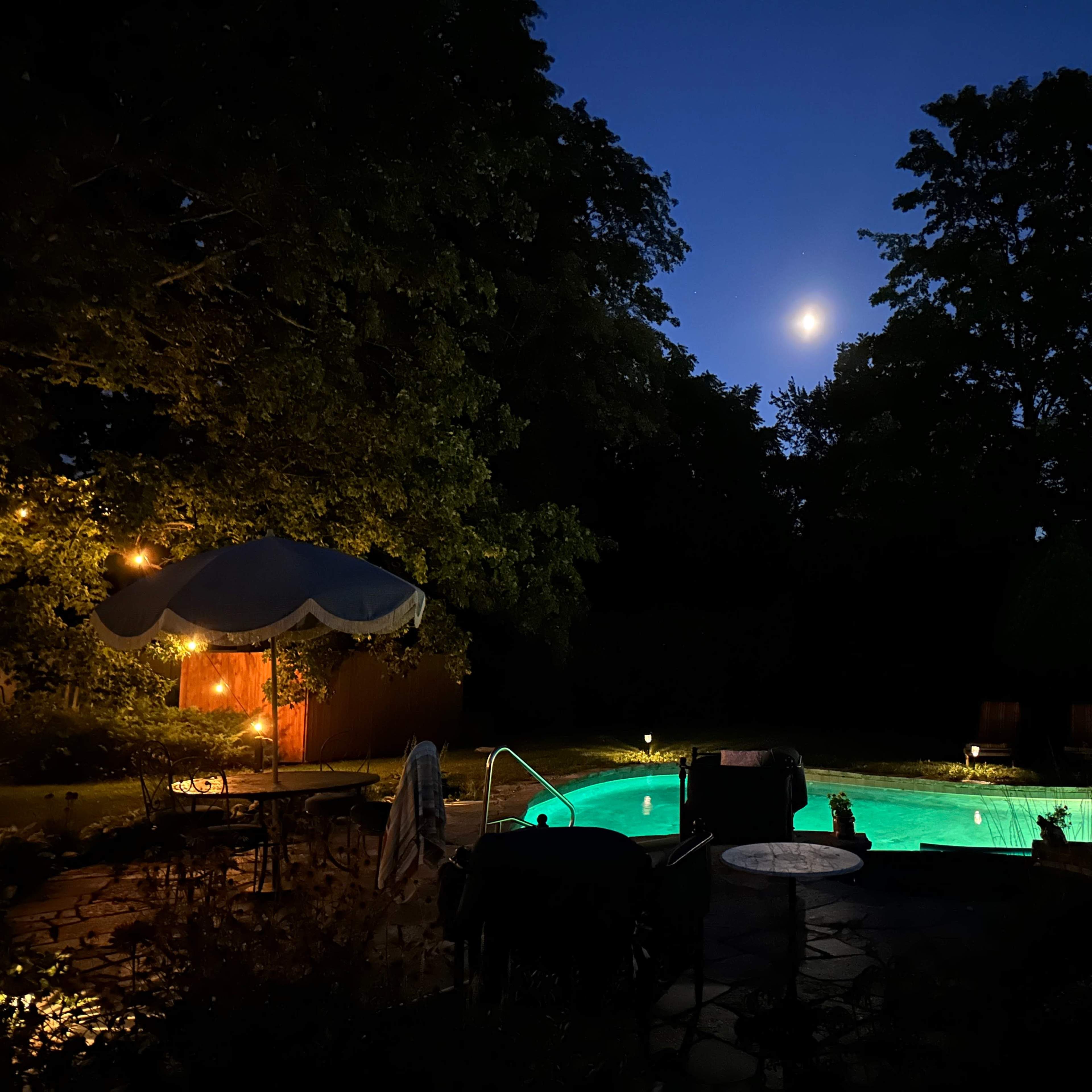 A softly lit backyard features a swimming pool illuminated by moonlight, surrounded by trees and outdoor furniture.