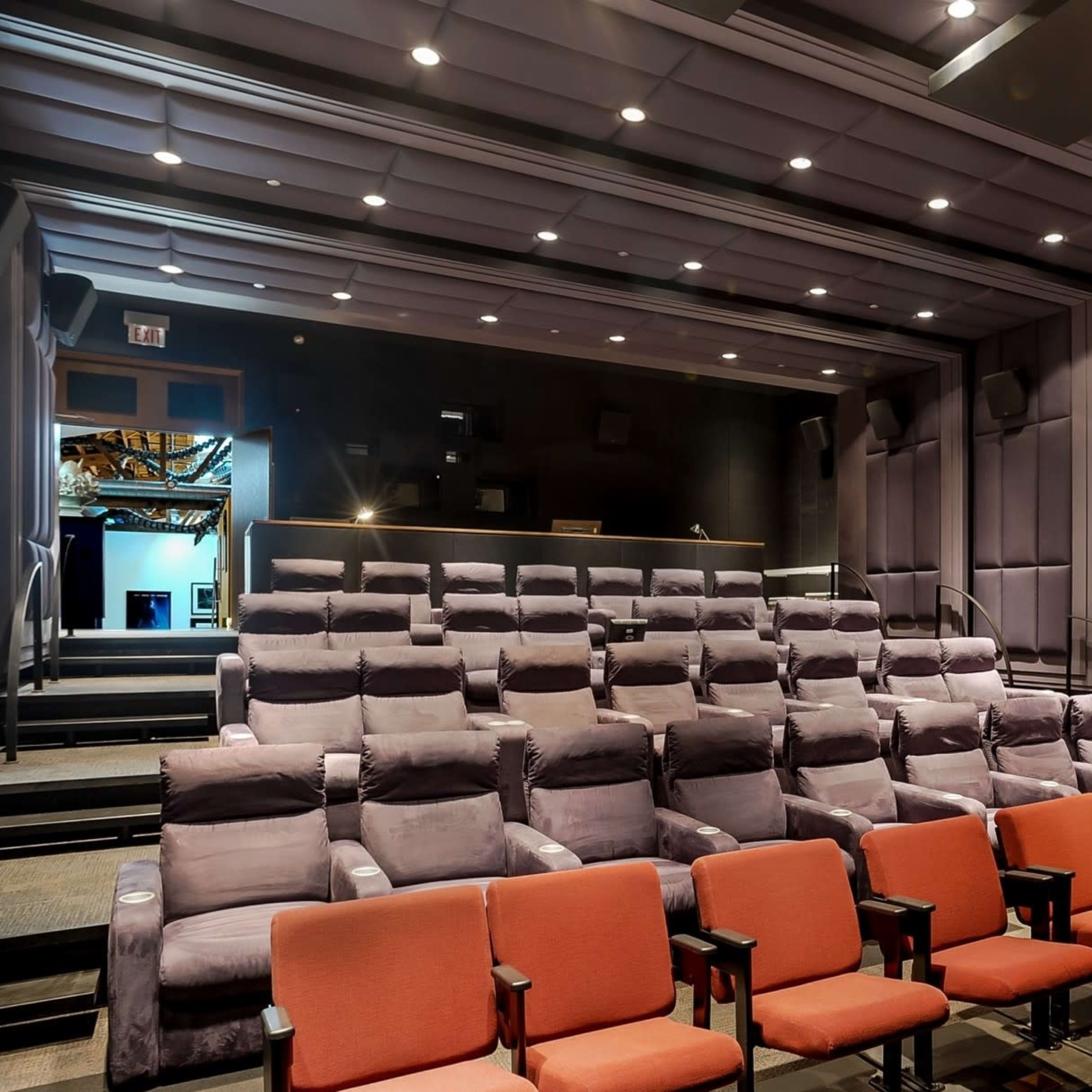 A small movie theater with rows of cushioned seating and an entrance at the back.