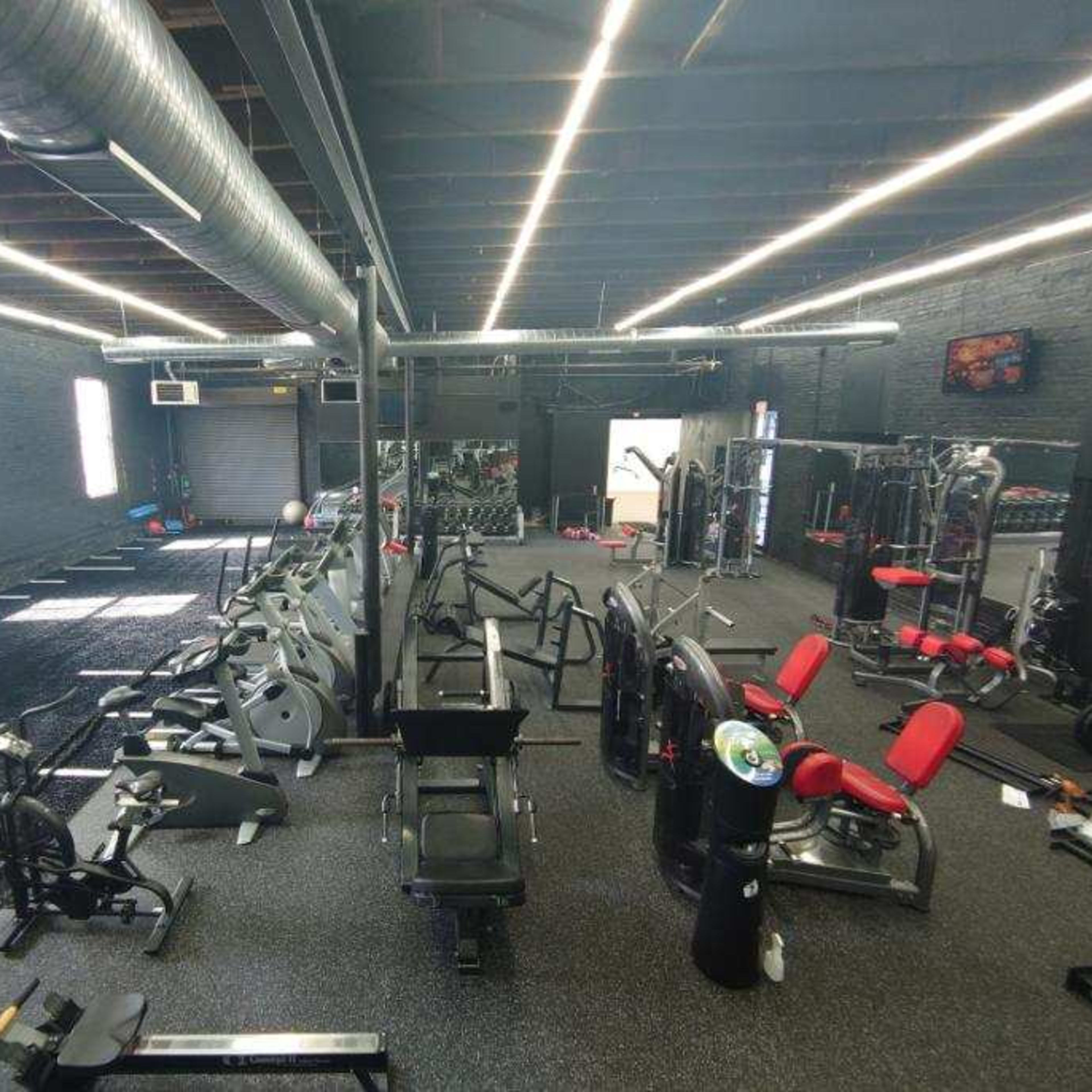 A fitness gym interior with various exercise machines and equipment arranged neatly along the space, illuminated by overhead lighting.