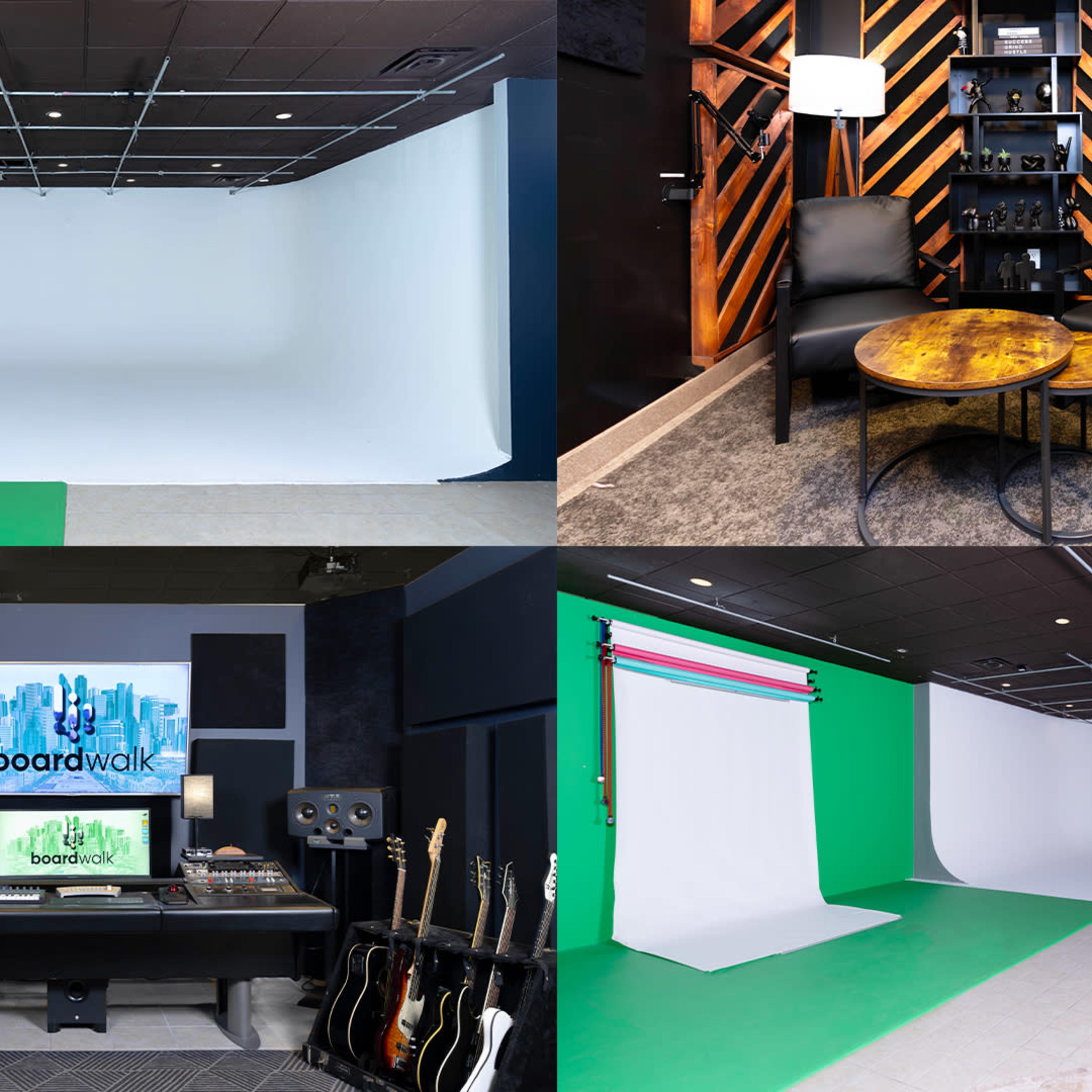 Four different setups for video production, featuring a variety of backgrounds, seating areas, and equipment arrangements.