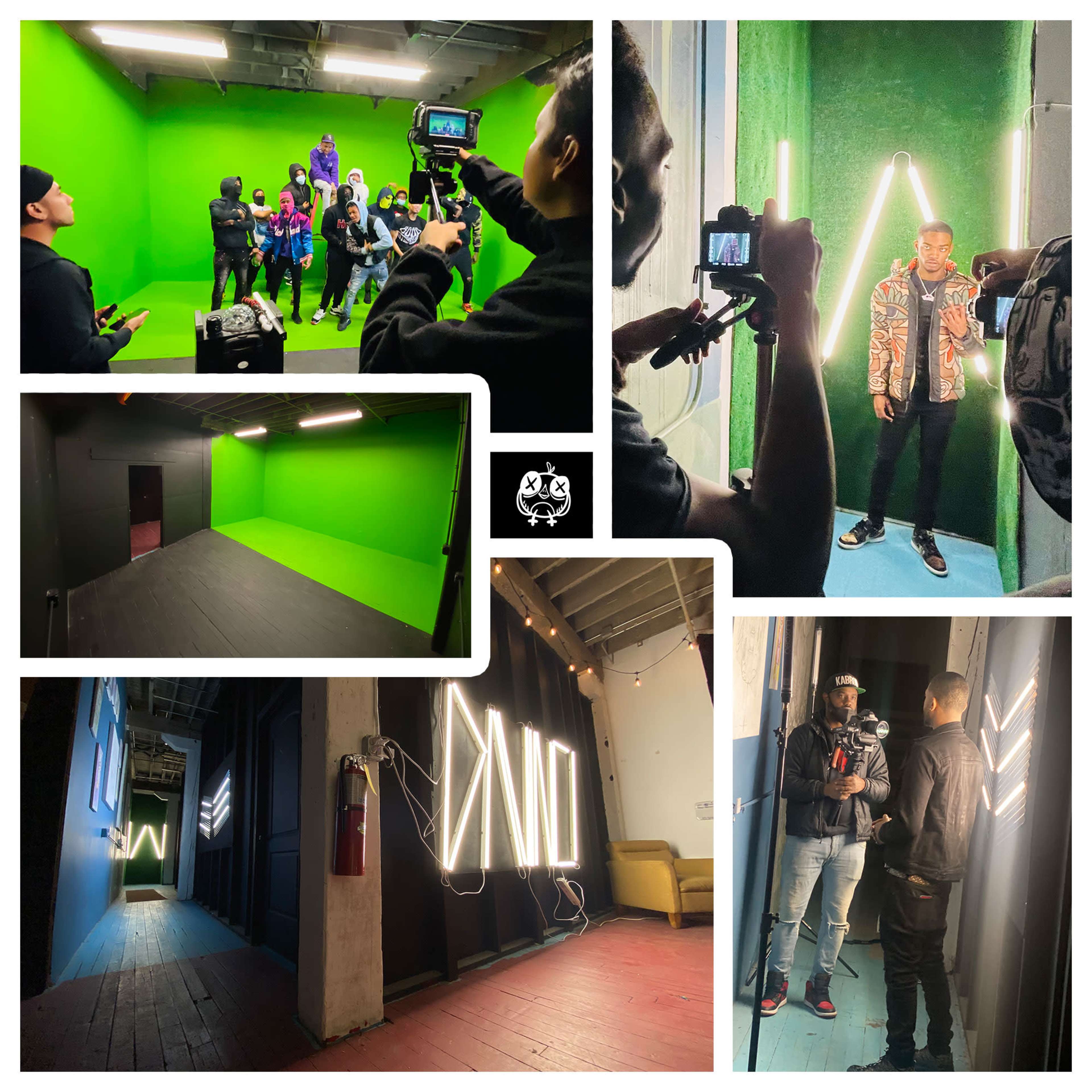 A variety of scenes featuring a green screen studio environment, models posing, and individuals using cameras in different sets with neon lighting.