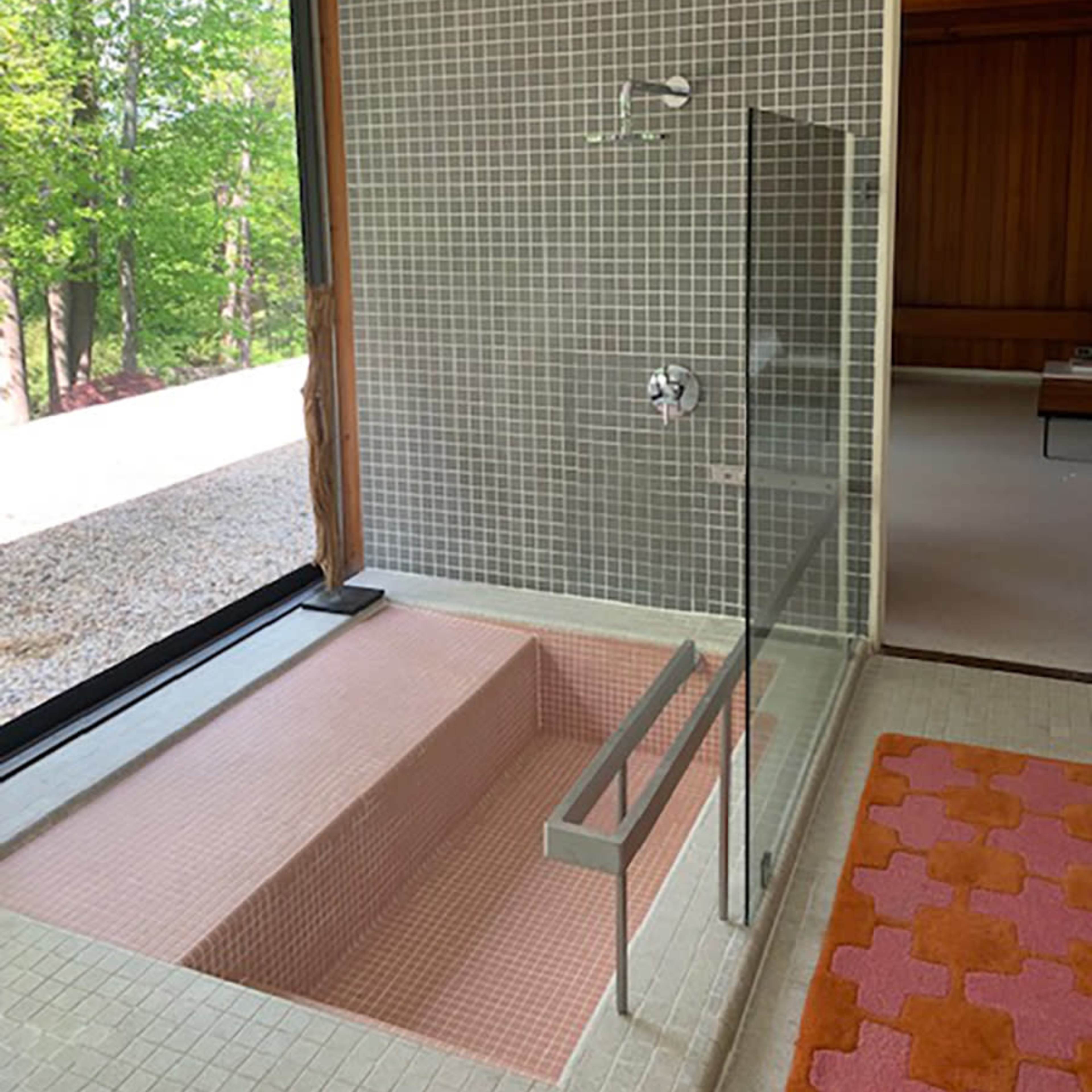 A modern bathroom featuring a pink sunken tub, a glass shower enclosure, and a large window overlooking a green outdoor space.